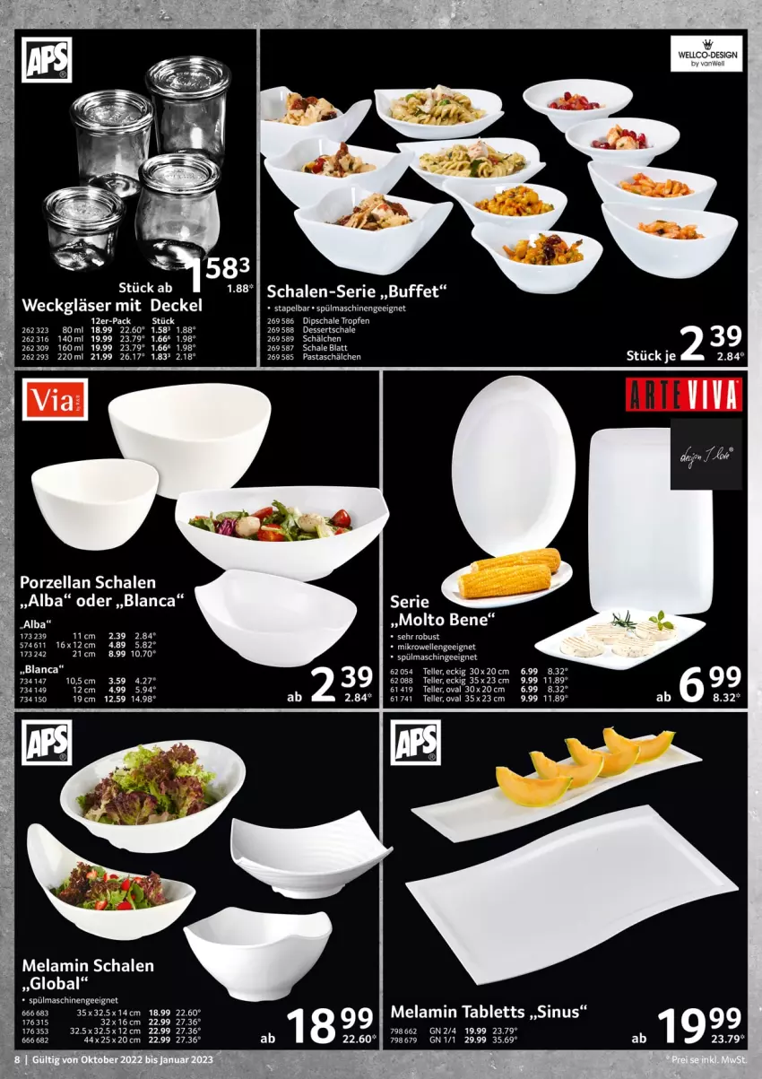 Aktueller Prospekt Selgros - Gastrokatalog - von 01.10.2022 bis 31.01.2023 - strona 8 - produkty: decke, Deckel, dessert, desserts, dip, Dipschale, elle, Gläser, molto, pasta, Schal, Schale, spülmaschinen, tablet, tablett, teller, weck