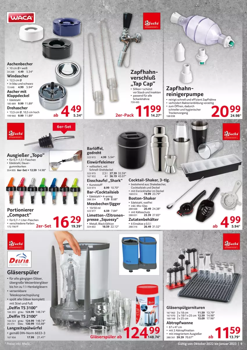 Aktueller Prospekt Selgros - Gastrokatalog - von 01.10.2022 bis 31.01.2023 - strona 9 - produkty: auer, Becher, Behälter, bier, Cap, cocktail, cocktails, decke, Deckel, edelstahl, eimer, eis, eiswürfel, elle, flasche, garnitur, Gläser, henkel, lack, leimer, LG, limette, limetten, Löffel, Messbecher, Mett, metten, passend für alle, reiniger, sekt, shake, spülung, Teleskop, Ti, Wanne, würfel, zitrone, zitronen