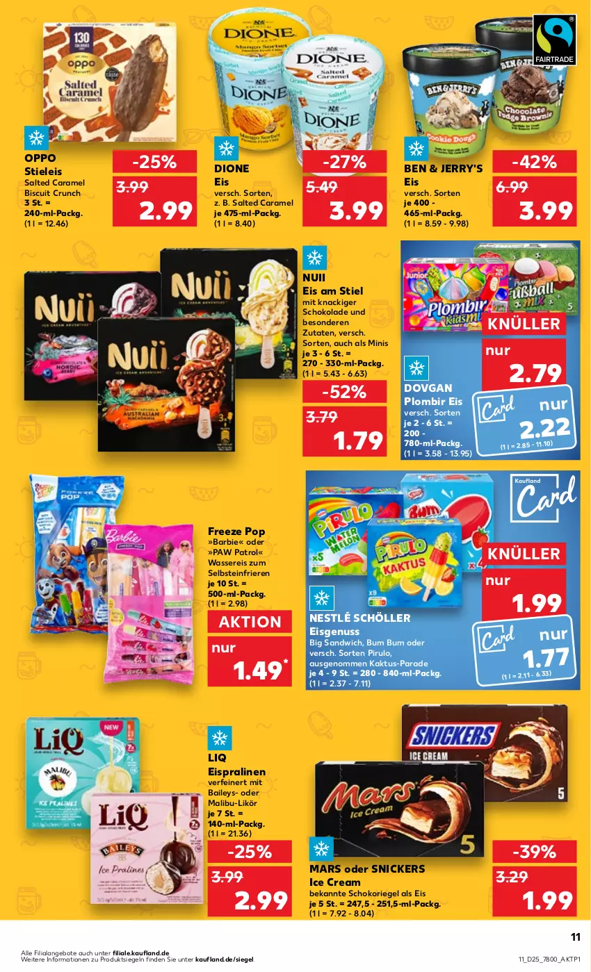 Aktueller Prospekt Kaufland - Prospekt - von 20.06 bis 26.06.2024 - strona 11 - produkty: angebot, angebote, baileys, Barbie, caramel, dovgan, eis, likör, Malibu, mars, nestlé, nestlé schöller, nuii, nuss, Oppo, Paw Patrol, pralinen, reis, riegel, sandwich, schoko, schokolade, schokoriegel, Schöller, snickers, stieleis, Ti, wasser, wassereis