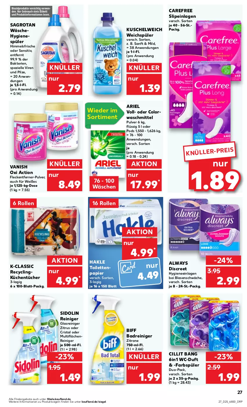 Aktueller Prospekt Kaufland - Prospekt - von 20.06 bis 26.06.2024 - strona 27 - produkty: Alwa, Always, angebot, angebote, ariel, Bad, biff, carefree, Cillit, cillit bang, Clin, colorwaschmittel, Discreet, eis, elle, fleckentferner, Glasreiniger, hakle, hakle toilettenpapier, hygienespüler, küche, Küchen, küchentücher, Kuschelweich, oxi action, papier, pilze, Pods, reiniger, sagrotan, sidolin, slip, slipeinlagen, Spezi, Ti, toilettenpapier, tücher, vanish, vanish oxi action, waschmittel, weichspüler, zitrone