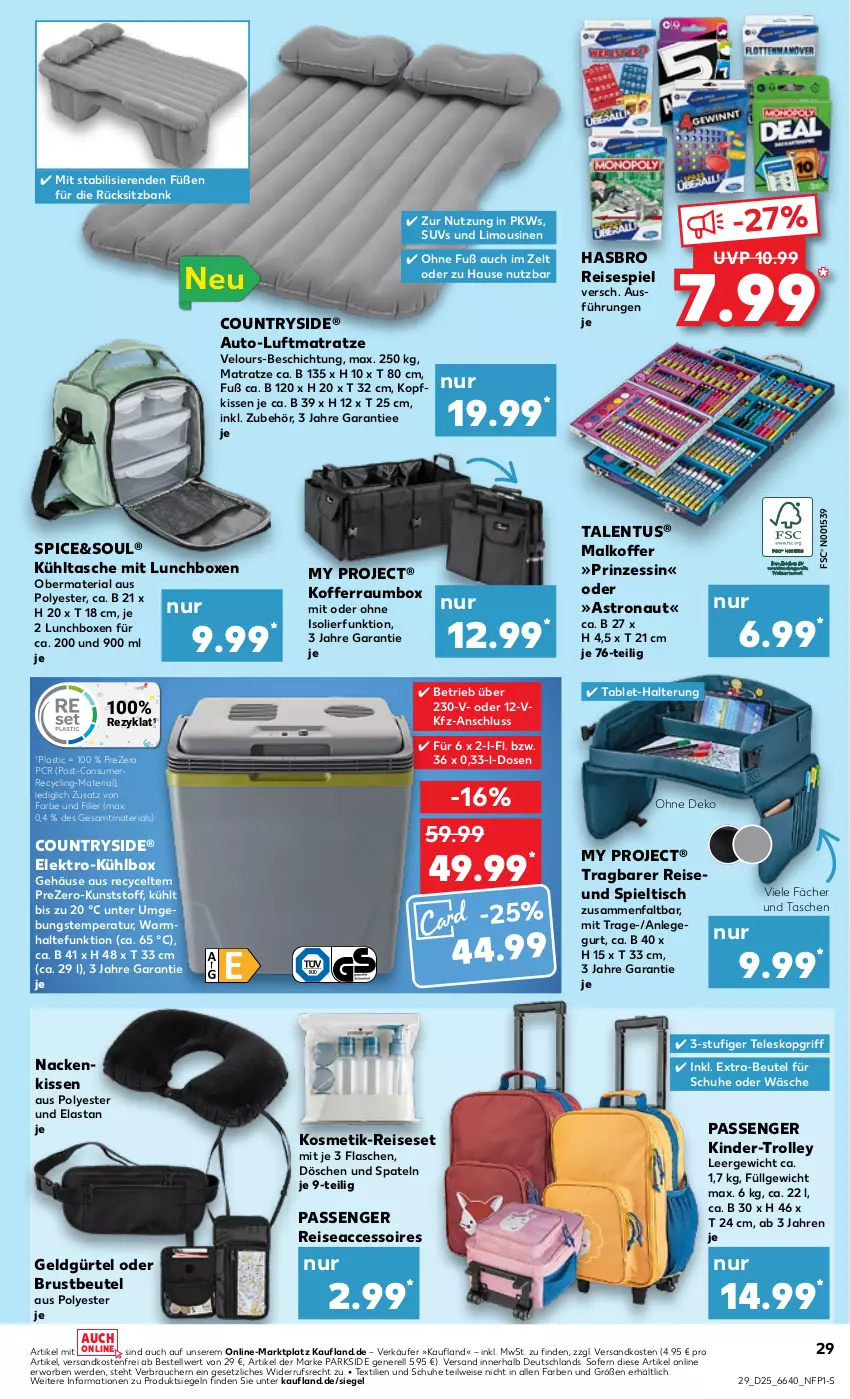 Aktueller Prospekt Kaufland - Prospekt - von 20.06 bis 26.06.2024 - strona 29 - produkty: ACC, accessoires, asti, auto, Bank, beutel, Clin, eis, Elektro, erde, flasche, Hasbro, Kinder, kissen, koffer, kopfkissen, kosmetik, kühlbox, kühltasche, LG, limo, luftmatratze, lunchbox, matratze, nackenkissen, ndk, Parkside, PKWs, Rauch, reis, Reiseset, rel, Ria, schuhe, sitzbank, Spieltisch, tablet, Tasche, taschen, Teleskop, Ti, tisch, trolley, versandkostenfrei, Zelt