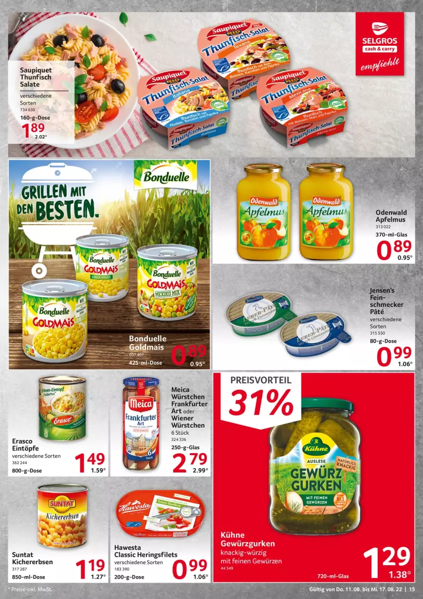 Aktueller Prospekt Selgros - Food - von 11.08 bis 17.08.2022 - strona 15 - produkty: apfel, apfelmus, eintöpfe, eis, erasco, erbsen, filet, filets, fisch, frankfurter, hawesta, hering, Herings, heringsfilets, kichererbsen, LG, meica, odenwald, preisvorteil, reis, rel, ring, salat, salate, saupiquet, tee, thunfisch, thunfisch salat, Ti, wiener, würstchen