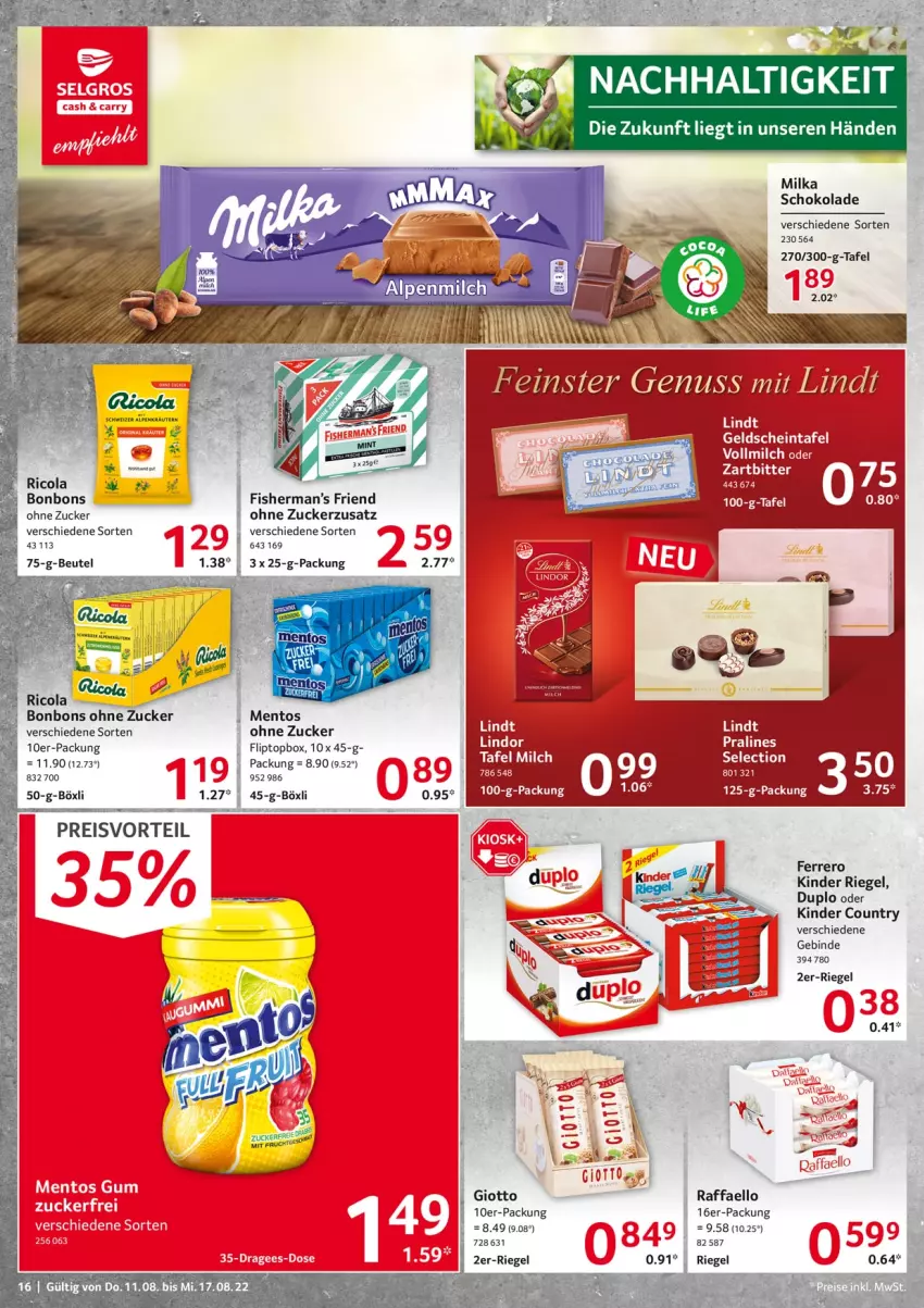 Aktueller Prospekt Selgros - Food - von 11.08 bis 17.08.2022 - strona 16 - produkty: beutel, bonbons, duplo, eis, ferrero, giotto, Kinder, kinder country, kinder riegel, lindor, milch, milka, preisvorteil, raffaello, reis, riegel, schoko, schokolade, Ti, vollmilch, zucker