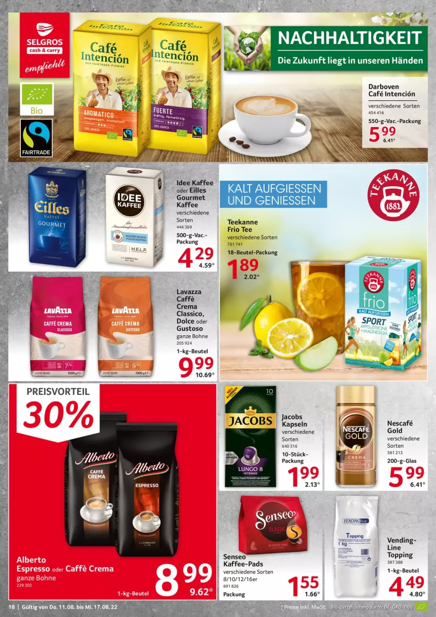 Aktueller Prospekt Selgros - Food - von 11.08 bis 17.08.2022 - strona 18 - produkty: beutel, bohne, caffe, classico, darbo, darboven, eilles gourmet, eis, intenso, jacobs, kaffee, kaffee-pads, lavazza, lungo, nescafe, preisvorteil, reis, senseo, tee, teekanne, Ti