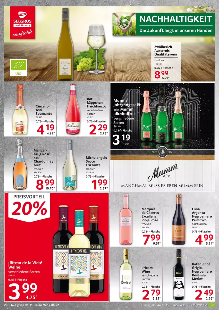 Aktueller Prospekt Selgros - Food - von 11.08 bis 17.08.2022 - strona 20 - produkty: amaro, asti, brut, chardonnay, cin, cinzano, Cinzano Asti, ecco, eis, Elan, elle, flasche, frizzante, frucht, fruchtsecco, Hela, käfer, merl, merlot, mumm, Pinot, pinot grigio, preisvorteil, primitivo, puma, qualitätswein, reis, riesling, rioja, spumante, Ti, wein