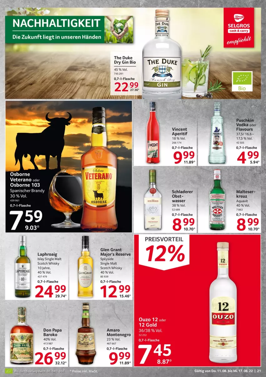 Aktueller Prospekt Selgros - Food - von 11.08 bis 17.08.2022 - strona 21 - produkty: amaro, aperitif, aqua, aquavit, bio, dry gin, eis, flasche, gin, Glen Grant, islay single malt, laphroaig, malteser, monte, obst, osborne, ouzo, preisvorteil, reis, Schladerer, scotch, scotch whisky, single malt, Ti, wasser, whisky