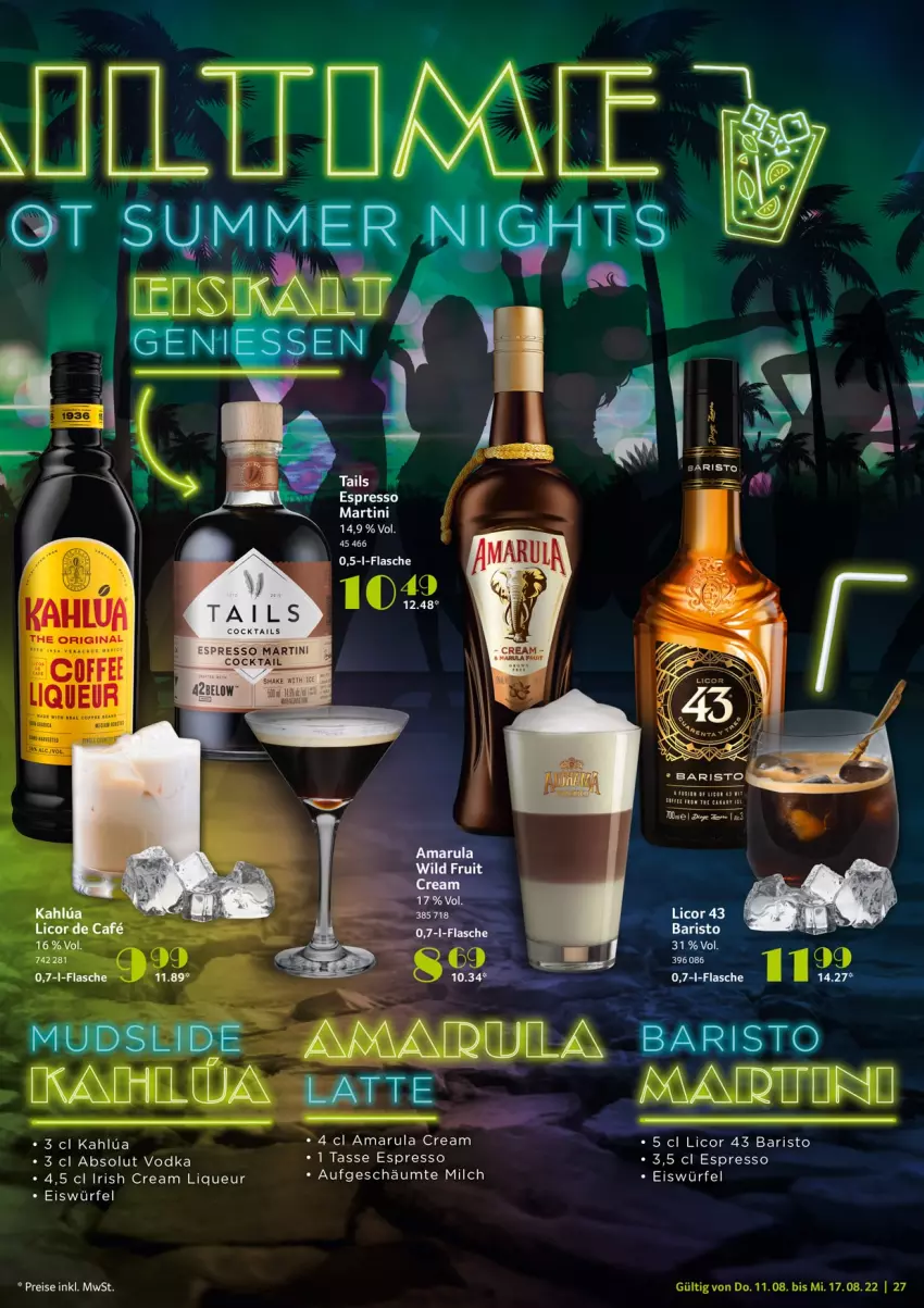 Aktueller Prospekt Selgros - Food - von 11.08 bis 17.08.2022 - strona 27 - produkty: Absolut Vodka, amarula, cocktail, cocktails, eis, eiswürfel, espresso, flasche, irish cream, licor, licor 43, liqueur, martini, milch, shake, tasse, tee, Ti, vodka, würfel