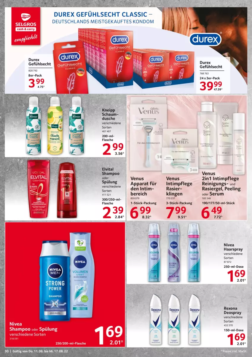 Aktueller Prospekt Selgros - Food - von 11.08 bis 17.08.2022 - strona 30 - produkty: deo, deospray, Durex, flasche, haarspray, nivea, Peeling, rasiergel, Reinigung, rel, rexona, rum, Serum, shampoo, spülung, Ti, venus