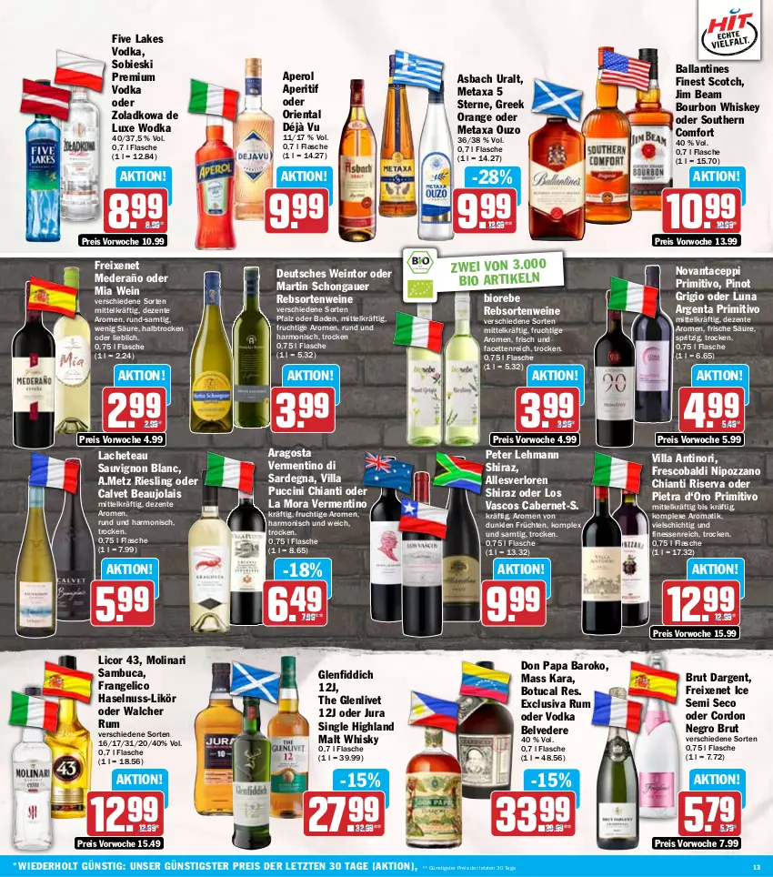 Aktueller Prospekt Hit - Wochenprospekt - von 07.10 bis 12.10.2024 - strona 13 - produkty: aldi, aperitif, aperol, asbach uralt, auer, Bad, ball, bio, bourbon, bourbon whiskey, brut, brut dargent, cabernet, chia, chianti, cin, eis, ente, finesse, flasche, frangelico, freixenet, frucht, früchte, früchten, haselnuss, jim beam, Jura, licor, licor 43, likör, Metaxa, Molinari, nuss, orange, ouzo, Pinot, pinot grigio, premium vodka, primitivo, rebsortenweine, reis, riesling, riserva, rum, sambuca, sauvignon, sauvignon blanc, scotch, Southern Comfort, Ti, tuc, vodka, wein, weine, whiskey, whisky, wodka, ZTE