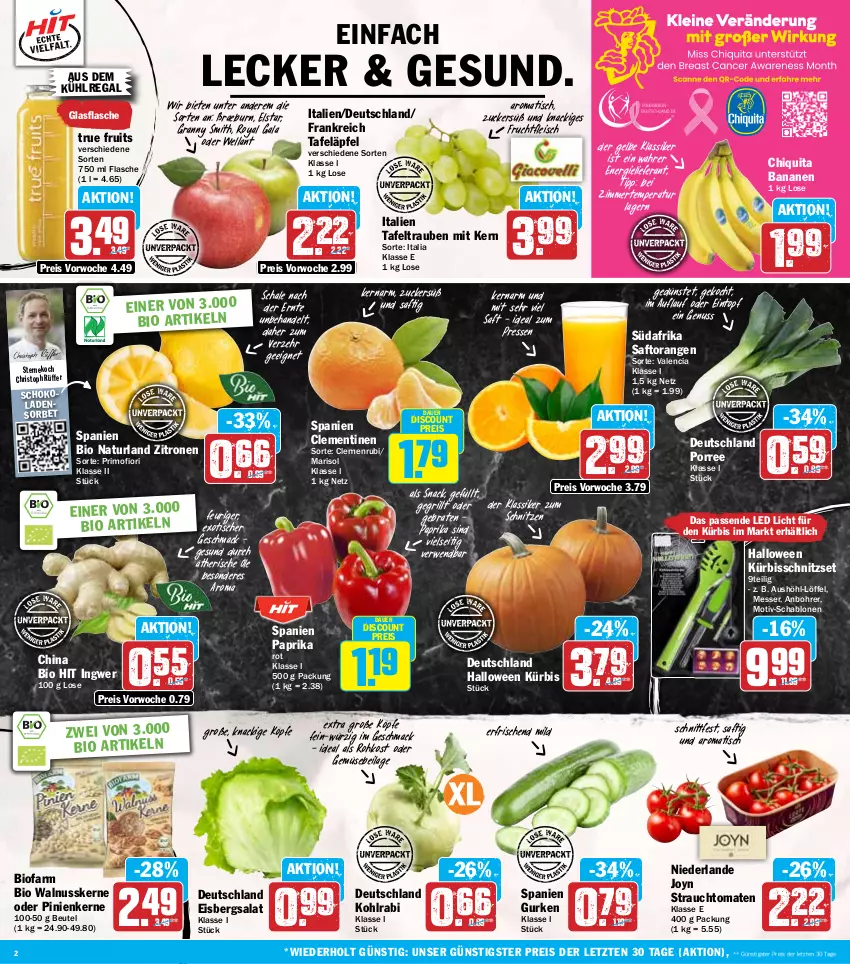 Aktueller Prospekt Hit - Wochenprospekt - von 07.10 bis 12.10.2024 - strona 2 - produkty: auer, aus dem kühlregal, banane, bananen, beutel, bio, bio hit, braten, chiquita, clementinen, discount, eintopf, eis, eisbergsalat, flasche, fleisch, frucht, fruchtfleisch, glasflasche, grill, gurke, gurken, ilag, ingwer, kohlrabi, kühlregal, Kürbis, Löffel, mac, messer, natur, naturland, nuss, orange, orangen, paprika, pinienkerne, Rauch, regal, reis, rwe, saft, Saftorangen, salat, Schal, Schale, schoko, schokolade, schokoladen, snack, Sorbet, strauchtomaten, tafeläpfel, tafeltrauben, Ti, tisch, tomate, tomaten, topf, trauben, true fruits, walnuss, walnusskerne, Wella, zitrone, zitronen, ZTE, zucker