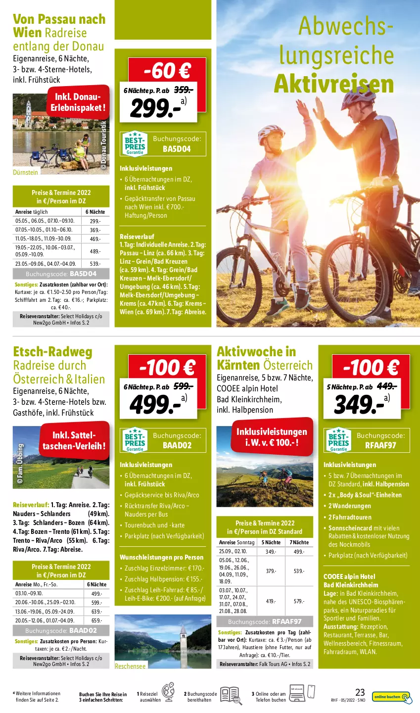 Aktueller Prospekt Lidl - Monatliche Reise-Highlights - von 30.04 bis 25.06.2022 - strona 23 - produkty: auer, aust, axe, Bad, bio, body, Brei, buch, E-Bike, eis, elle, Fahrrad, inklusivleistungen, kurtaxe, natur, reis, reiseveranstalter, reiseverlauf, rezept, sattel, Sport, Stier, Tasche, taschen, telefon, Ti, Tiere, wellnessbereich