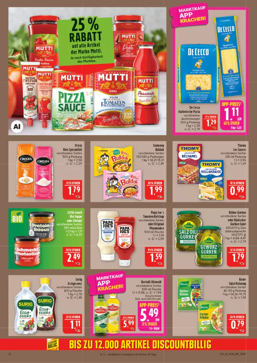 Aktueller Prospekt Marktkauf - Prospekt - von 04.10 bis 10.10.2026 - strona 22 - produkty: bertolli, eis, essig, flasche, gin, grill, gurke, gurken, italienische pasta, ketchup, knorr, küche, Küchen, mayonnaise, olive, oliven, olivenöl, pasta, reis, salat, sauce, Spezi, thomy, thomy les sauces, tomate, tomaten, tomaten ketchup, Yo