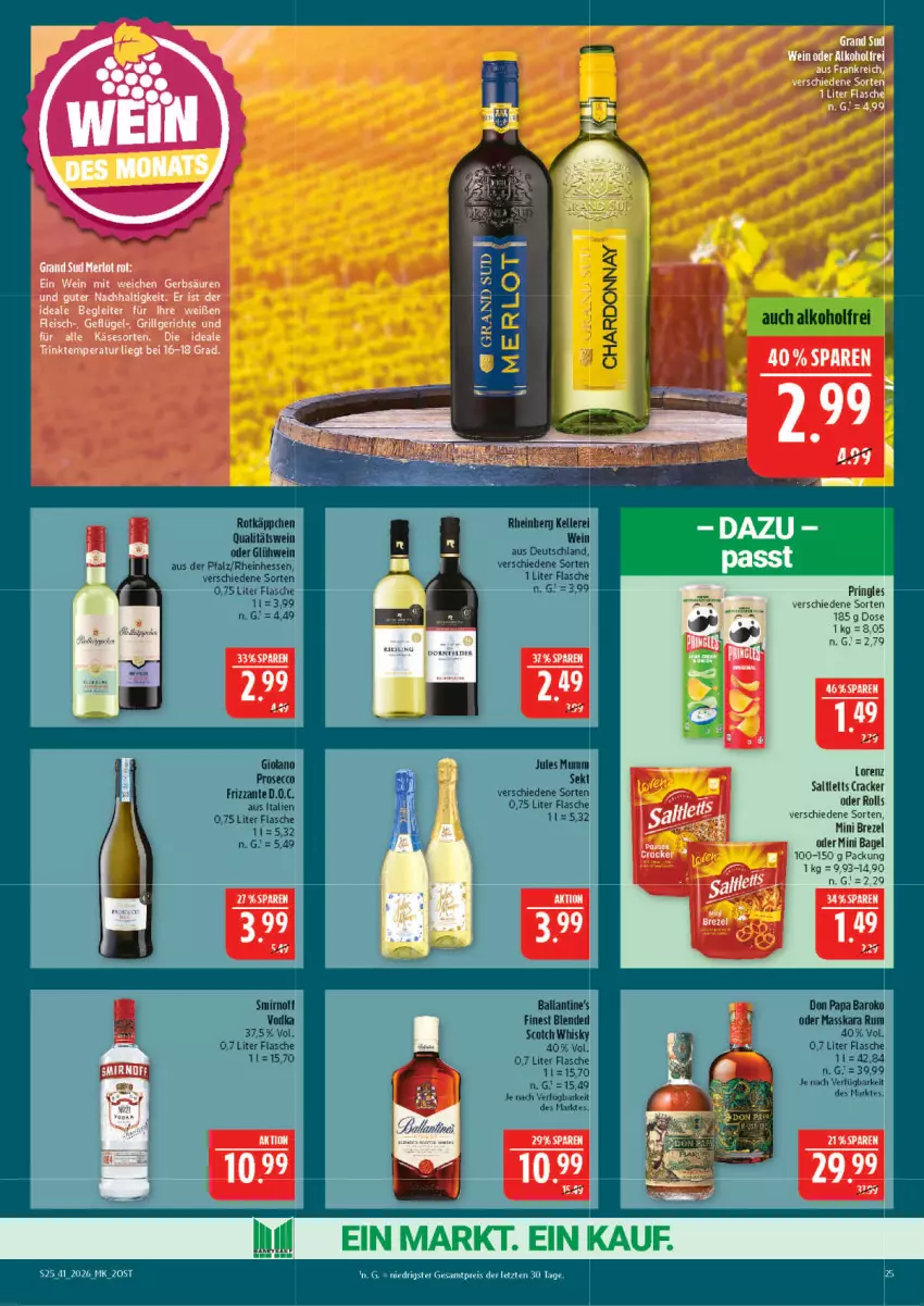 Aktueller Prospekt Marktkauf - Prospekt - von 04.10 bis 10.10.2026 - strona 25 - produkty: ball, blended scotch, blended scotch whisky, brezel, cracker, ecco, eier, eis, elle, ente, flasche, fleisch, frizzante, Geflügel, Glühwein, grand sud, grill, jules mumm, Käse, LG, merl, merlot, mumm, prosecco, qualitätswein, rotkäppchen, rum, saltletts, scotch, scotch whisky, sekt, smirnoff, tee, Ti, vodka, wein, whisky
