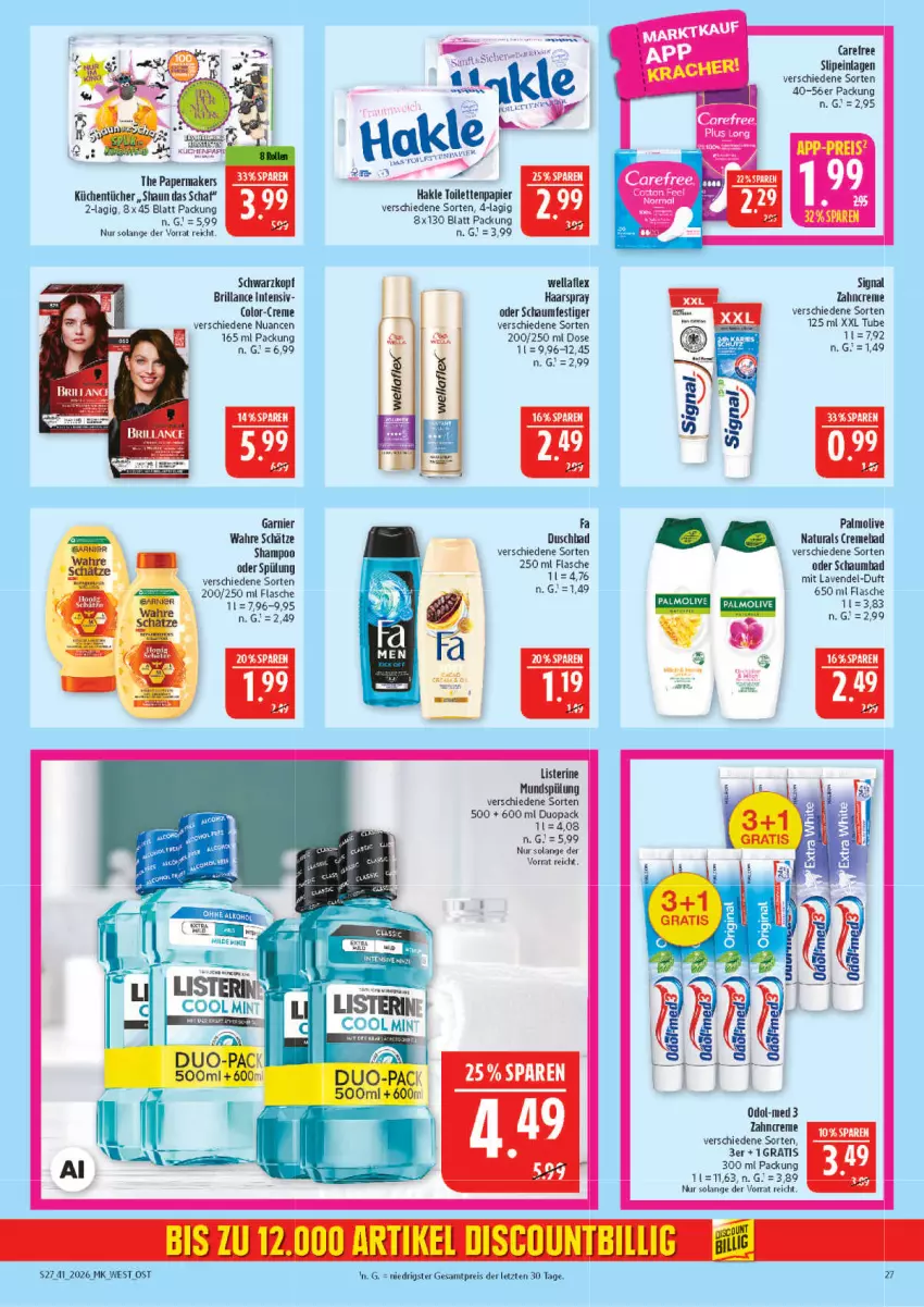 Aktueller Prospekt Marktkauf - Prospekt - von 04.10 bis 10.10.2026 - strona 27 - produkty: Bad, brillance, carefree, creme, discount, duschbad, eis, flasche, garnier, haarspray, hakle, küche, Küchen, küchentücher, lavendel, listerine, mundspülung, natur, natura, Nuance, oder schaumfestiger, Odol, Odol-med 3, olive, palmolive, reis, schaumbad, schaumfestiger, schwarzkop, schwarzkopf, shampoo, Signal, slip, slipeinlagen, spülung, Ti, tücher, Wahre Schätze, Wella, wellaflex, zahncreme, ZTE