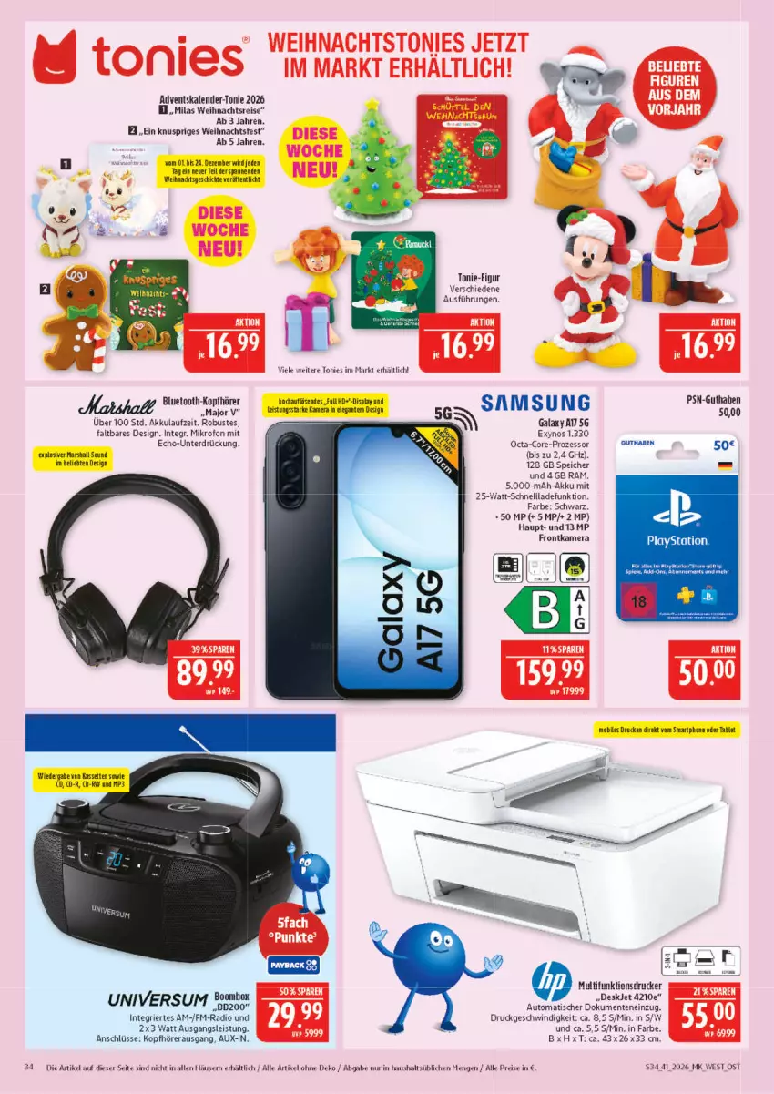 Aktueller Prospekt Marktkauf - Prospekt - von 04.10 bis 10.10.2026 - strona 34 - produkty: Adventskalender, akku, auto, drucker, eis, ente, frontkamera, kamera, kopfhörer, mars, Mp3, multifunktionsdrucker, Radio, reis, rel, Samsung, schnellladefunktion, smartphone, tablet, Ti, tisch