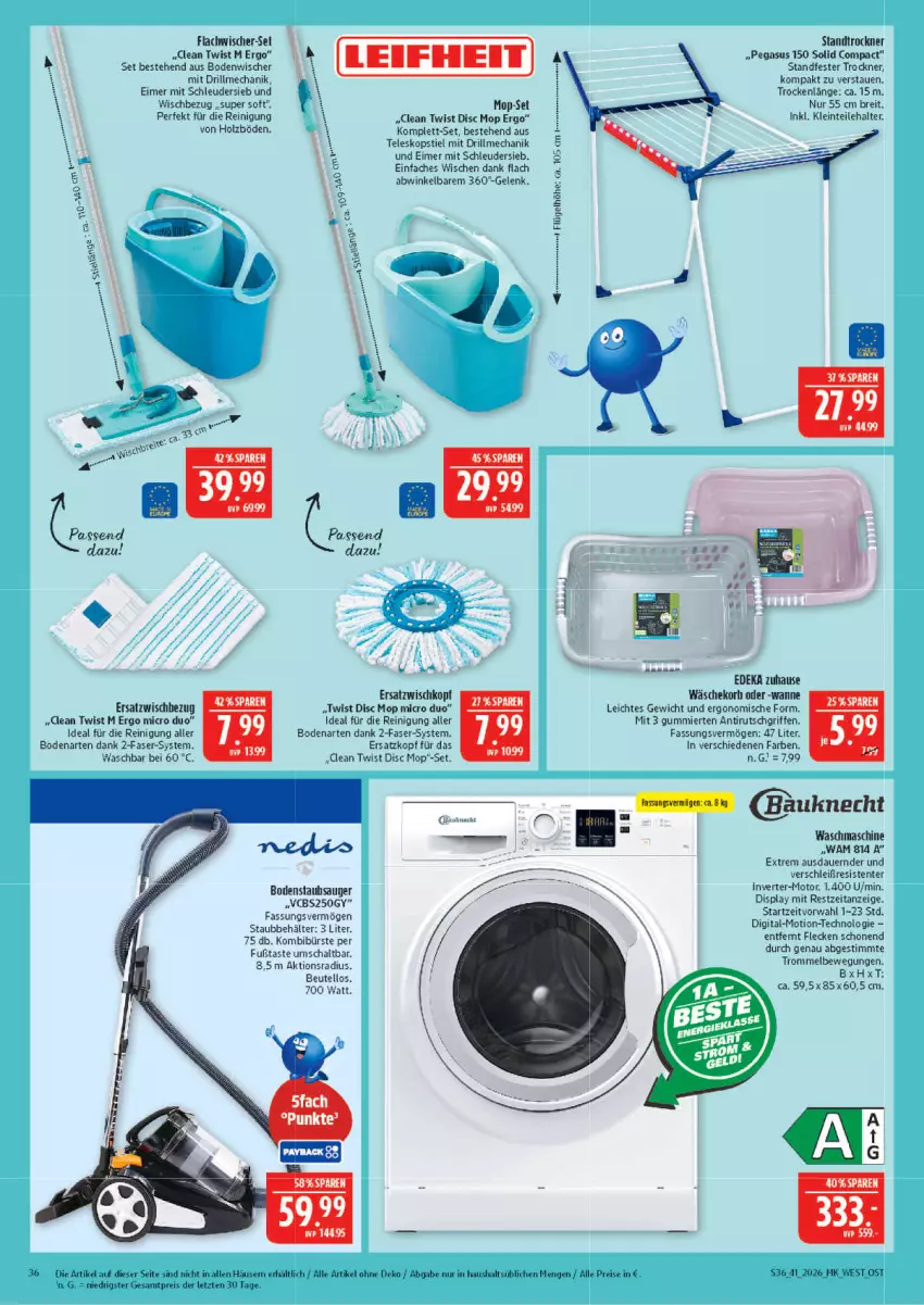 Aktueller Prospekt Marktkauf - Prospekt - von 04.10 bis 10.10.2026 - strona 36 - produkty: asus, auer, Bau, bauknecht, Behälter, beutel, bodenstaubsauger, bodenwischer, Brei, bürste, deka, eimer, eis, ente, Holz, korb, leifheit, Reinigung, reis, Schal, staubsauger, Teleskop, teleskopstiel, Ti, Trockner, trommel, Wanne, wäschekorb, waschmaschine, ZTE