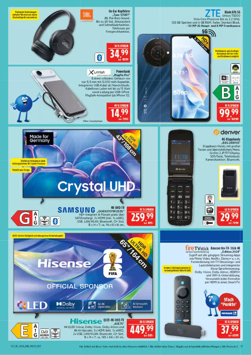 Aktueller Prospekt Marktkauf - Prospekt - von 04.10 bis 10.10.2026 - strona 37 - produkty: akku, alexa, Bank, buch, deo, disney, eis, fernbedienung, fernseher, frontkamera, Germ, Handy, HDMI, iphone, IPhone 12, jbl, kamera, kopfhörer, lack, netflix, powerbank, qled, reis, telefon, Ti, uhd, UHD-TV, usb