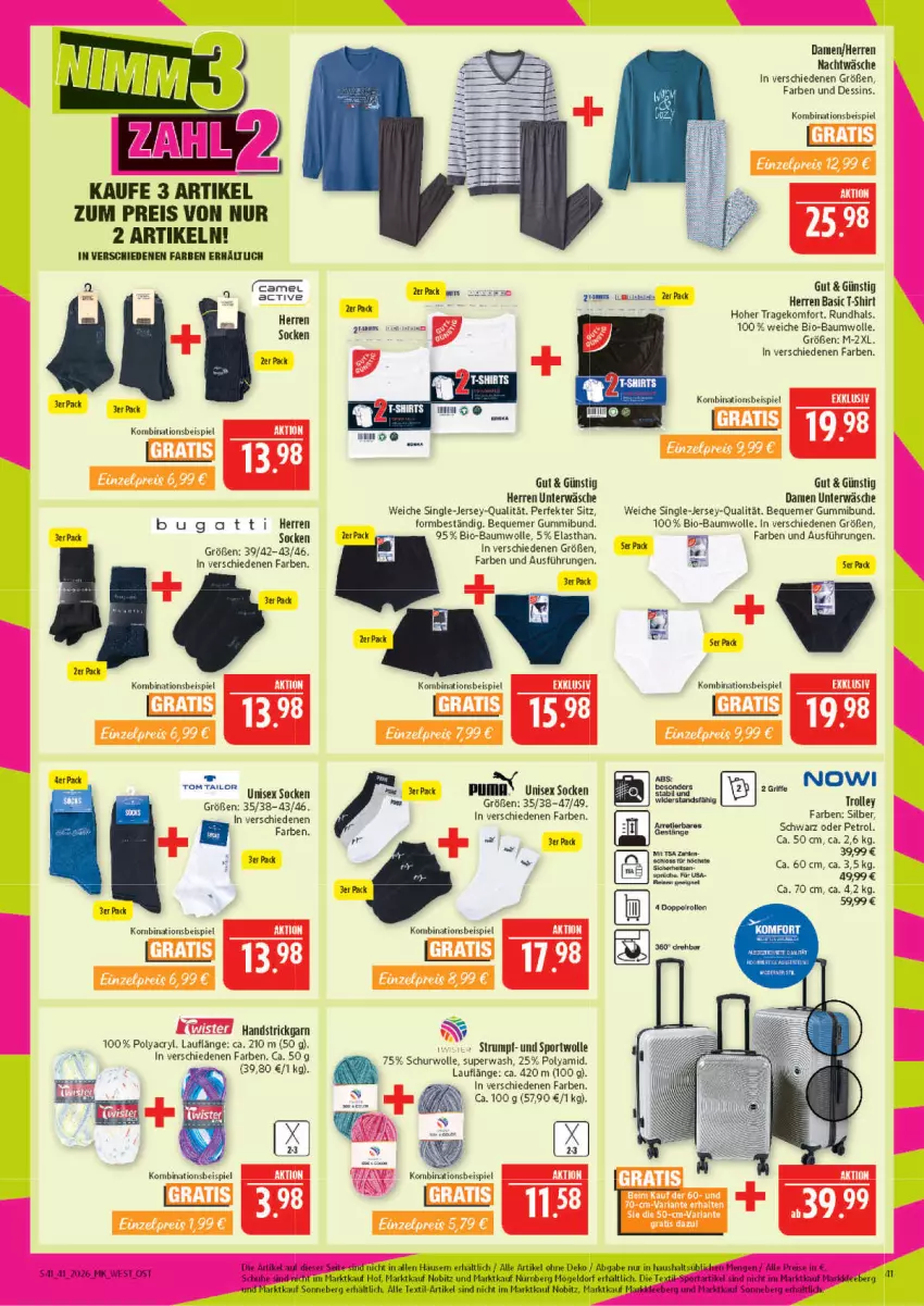 Aktueller Prospekt Marktkauf - Prospekt - von 04.10 bis 10.10.2026 - strona 41 - produkty: Bau, baumwolle, bio, bio-baumwolle, bugatti, eis, LG, puma, reis, rum, schuhe, shirt, socken, Sport, Strickgarn, T-Shirt, Ti, trolley, Unterwäsche, wolle