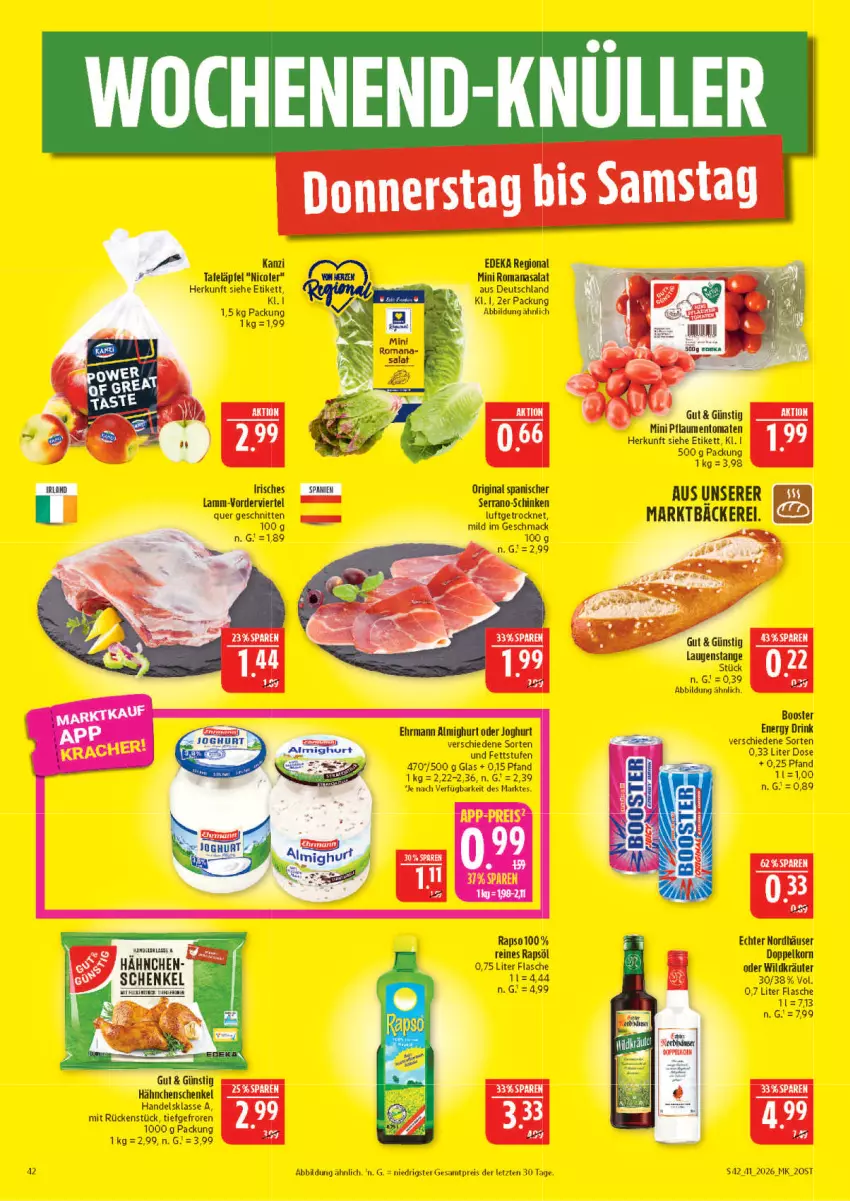 Aktueller Prospekt Marktkauf - Prospekt - von 04.10 bis 10.10.2026 - strona 42 - produkty: almighur, almighurt, deka, doppelkorn, drink, ehrmann, ehrmann almighurt, eis, energy drink, erde, flasche, gin, hähnchenschenkel, henkel, joghur, joghurt, korn, kräuter, lamm, mac, rapso, rapsöl, reines rapsöl, reis, Romanasalat, salat, schenkel, schinken, schnitten, serrano, Ti, Wild, ZTE