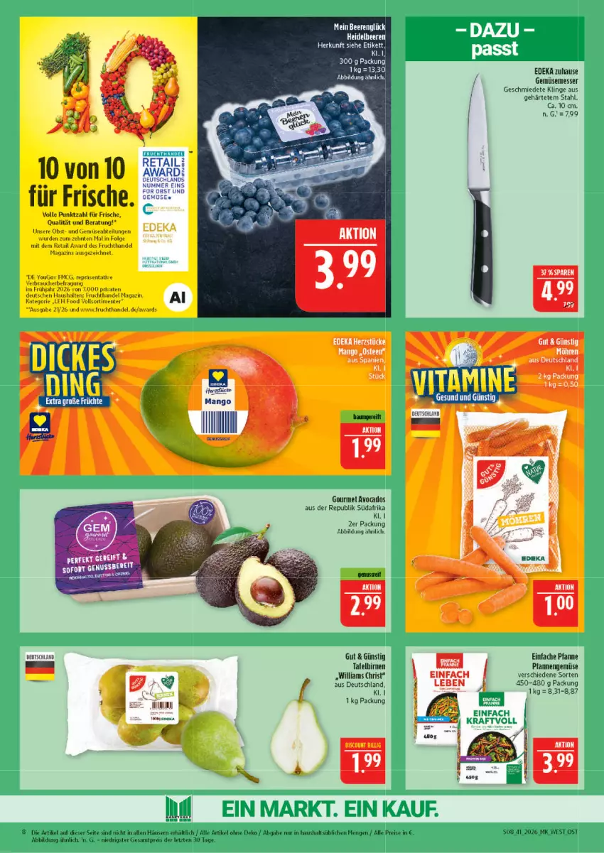 Aktueller Prospekt Marktkauf - Prospekt - von 04.10 bis 10.10.2026 - strona 8 - produkty: Abtei, Bau, beere, beeren, Birnen, deka, discount, eis, ente, frucht, heidelbeere, heidelbeeren, LG, magazin, mango, messer, obst, pfanne, pfannen, Rauch, reis, tafelbirnen, Ti, und gemüse, Yo, ZTE