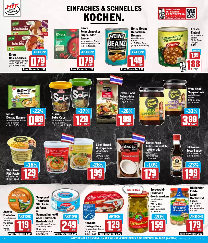 Aktueller Prospekt Hit - Wochenprospekt - von 19.08 bis 24.08.2024 - strona 10 - produkty: aufstrich, beanz, Becher, beutel, blume, blumen, blumenöl, bockwurst, bohne, bohnen, böklunder, brot, brotaufstrich, coupon, coupons, creme, curry, eintopf, eis, elle, erasco, feinschmecker, filet, filets, fisch, flasche, geback, gewürz, Gewürzgurke, gewürzgurken, gurke, gurken, hawesta, heinz, hering, Herings, heringsfilets, kikkoman, knorr, kokos, kokosnuss, Kokosnussmilch, milch, Nissin, nudel, nudeln, nuss, pastete, reis, ring, sauce, saucen, saupiquet, sonnenblume, sonnenblumen, sonnenblumenöl, soya, suppe, suppen, thunfisch, Ti, topf, wurst, ZTE