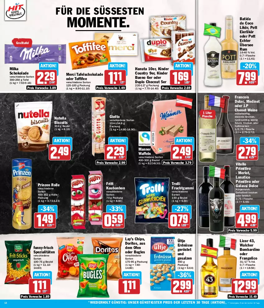 Aktueller Prospekt Hit - Wochenprospekt - von 19.08 bis 24.08.2024 - strona 12 - produkty: batida, beutel, bugles, chips, Doritos, duplo, eier, eierlikör, eis, ente, erdnüsse, flasche, frangelico, frucht, fruchtgummi, funny-frisch, giotto, hanuta, Kinder, kinder bueno, kinder country, licor, licor 43, likör, Manner, medinet, merci, merl, merlot, milka, milka schokolade, nutella, Ofen, primitivo, prinzen rolle, reis, rum, salz, schoko, schokolade, Spezi, tafelschokolade, Ti, toffifee, trolli, trolli fruchtgummi, ültje, ültje erdnüsse, waffeln, wein, weine, ZTE