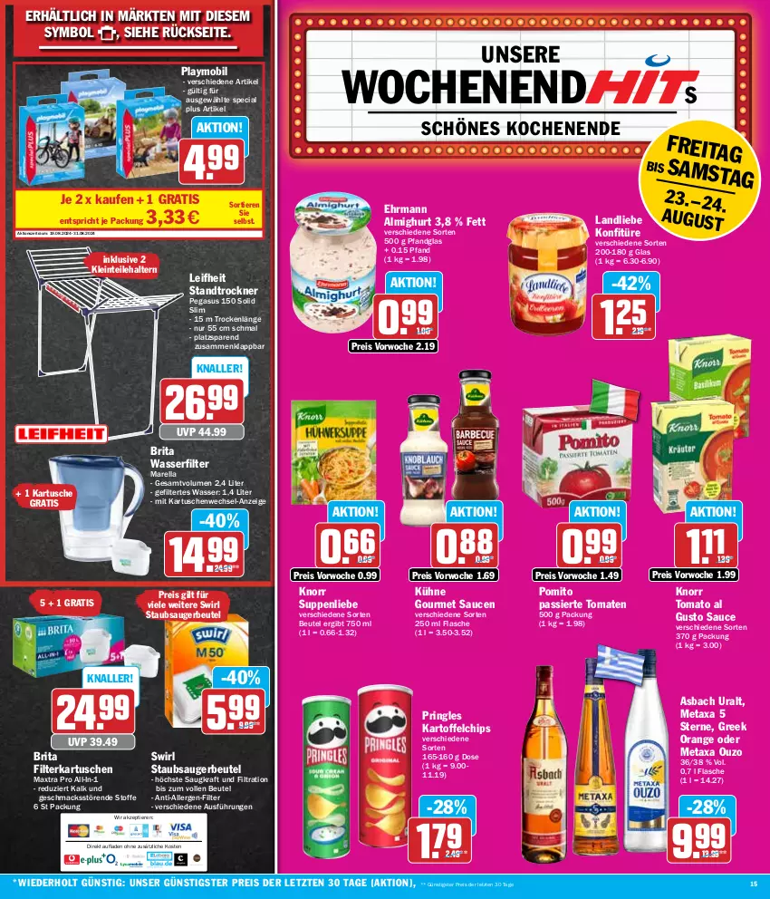 Aktueller Prospekt Hit - Wochenprospekt - von 19.08 bis 24.08.2024 - strona 15 - produkty: almighur, almighurt, asbach uralt, asus, beutel, brita, chips, ehrmann, ehrmann almighurt, eis, filterkartuschen, flasche, kartoffel, kartoffelchips, knorr, konfitüre, kraft, Kühne, landliebe, leifheit, mac, Maxtra, Metaxa, orange, ouzo, playmobil, pomito, pringles, reis, rel, ring, sauce, saucen, staubsauger, staubsaugerbeutel, suppe, suppen, suppenliebe, swirl, Ti, Tiere, tomate, tomaten, tomato al gusto, Trockner, wasser, wasserfilter, wasserfilter marella, ZTE