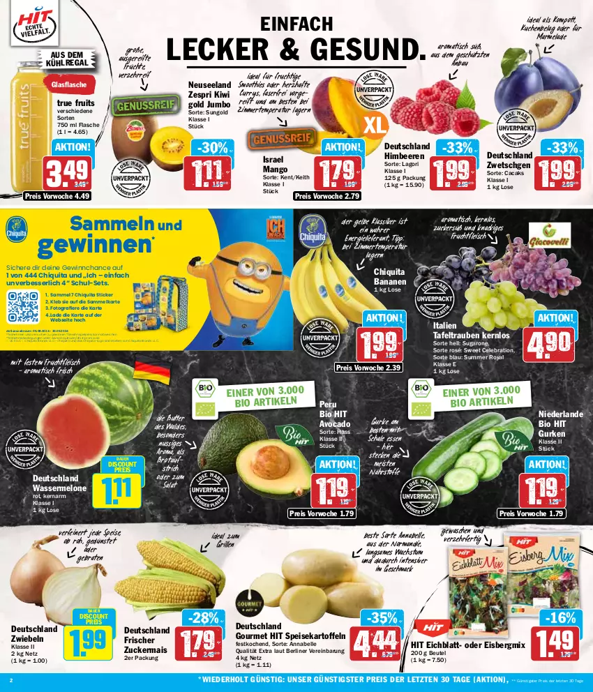 Aktueller Prospekt Hit - Wochenprospekt - von 19.08 bis 24.08.2024 - strona 2 - produkty: auer, aufstrich, aus dem kühlregal, avocado, banane, bananen, Bau, beere, beeren, berliner, beutel, bio, bio hit, braten, brot, brotaufstrich, butter, chiquita, curry, discount, eis, Elan, elle, flasche, fleisch, frucht, früchte, fruchtfleisch, gewinnspiel, glasflasche, grill, gurke, gurken, himbeer, himbeere, himbeeren, ideal zum grillen, jumbo, kartoffel, kartoffeln, kiwi, Kiwi Gold, kuchen, kühlregal, mac, mais, mango, marmelade, melone, nuss, regal, reis, salat, Schal, Schale, smoothie, smoothies, speisekartoffeln, tafeltrauben, Ti, tisch, trauben, true fruits, wasser, wassermelone, zespri, ZTE, zucker, zuckermais, zwiebel, zwiebeln