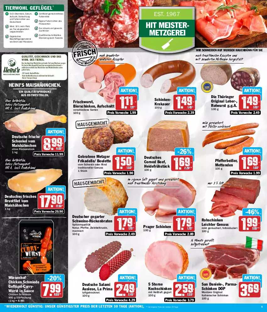 Aktueller Prospekt Hit - Wochenprospekt - von 19.08 bis 24.08.2024 - strona 5 - produkty: angebot, auer, aufschnitt, Bau, Bauer, beef, bier, bierschinken, bio, braten, brustfilet, corned beef, curry, currywurst, dell, eis, elle, ente, erde, filet, fleisch, Geflügel, gin, heidefrühstück, henkel, kochschinken, krakauer, mac, mais, Meister, Mett, metten, Mettenden, monitor, montorsi, natur, nuss, parmaschinken, pfeffer, Pfefferbeißer, reis, rezept, rezepte, Ria, rind, ring, rohschinken, Rotwurst, Rückenbraten, saft, salami, sauce, schenkel, schinken, schinkenkrakauer, schwein, schweine, spitzenqualität, Sport, Ti, Tiere, wein, weine, wiesenhof, wurst, ZTE, zwiebel