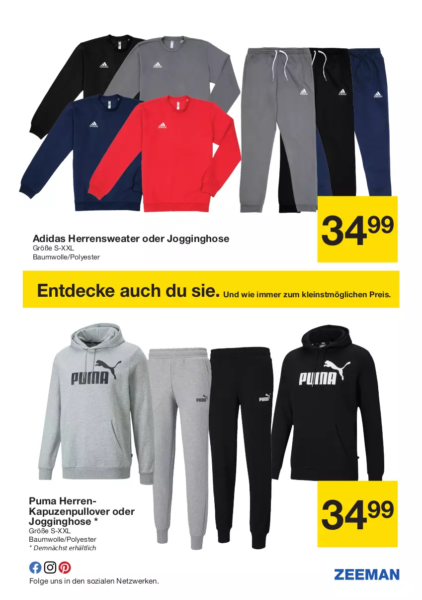 Aktueller Prospekt Zeeman - Prospekte - von 28.09 bis 11.10.2024 - strona 9 - produkty: Adidas, Bau, baumwolle, decke, eis, gin, hose, Jogginghose, LG, Pullover, puma, reis, Sweater, wolle