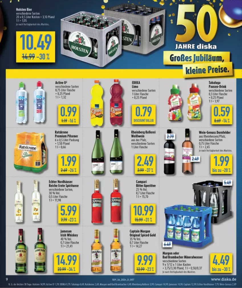 Aktueller Prospekt Diska - von 15.04 bis 20.04.2024 - strona 9 - produkty: Alwa, Bad, Cap, captain morgan, deka, discount, drink, eis, elle, flasche, gin, irish whiskey, jameson, krone, leine, limo, mineralwasser, nuss, original spiced gold, pils, pilsener, premium pils, reis, Ti, wasser, wein, Weißwein, whiskey