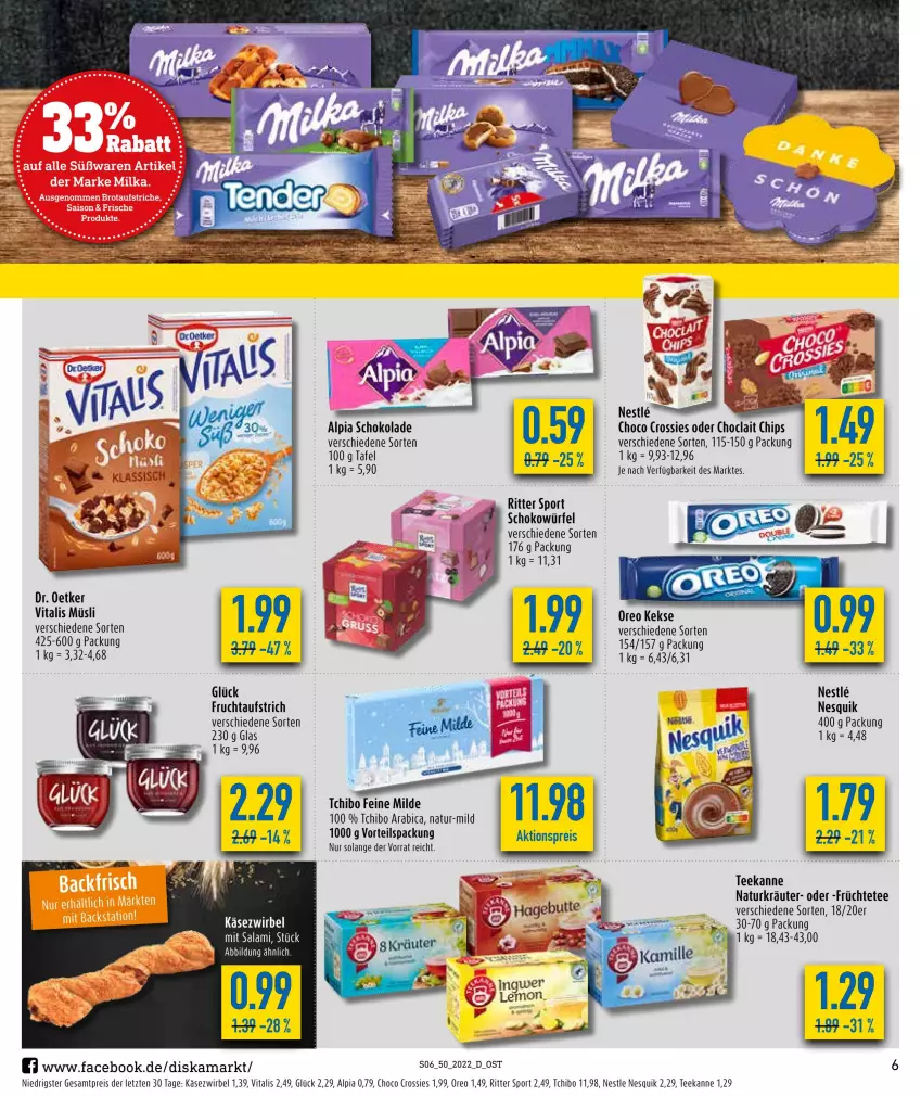 Aktueller Prospekt Diska - Prospekte - von 12.12 bis 17.12.2022 - strona 8 - produkty: alpia, aufstrich, chips, choclait chips, choco crossies, crossies, Dr. Oetker, eis, frucht, fruchtaufstrich, früchte, Früchtetee, Käse, Käsezwirbel, keks, kekse, kräuter, müsli, natur, nesquik, oreo, reis, ritter, ritter sport, schoko, schokolade, schokowürfel, Sport, Tchibo, tee, teekanne, vita, vitalis, vitalis müsli, würfel, ZTE