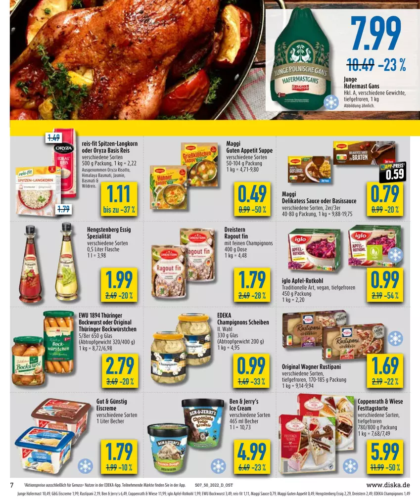 Aktueller Prospekt Diska - Prospekte - von 12.12 bis 17.12.2022 - strona 9 - produkty: aktionspreis, apfel, basmati, Becher, bockwurst, champignon, champignons, coppenrath, creme, deka, delikatess sauce, dreistern, eis, eiscreme, elle, essig, flasche, gin, hafer, hengstenberg, iglo, korn, maggi, nuss, original wagner, oryza, Ragout, reis, reis-fit, ring, risotto, rotkohl, rustipani, sauce, Spezi, spitzen-langkorn, suppe, Ti, torte, wagner, wurst, würstchen