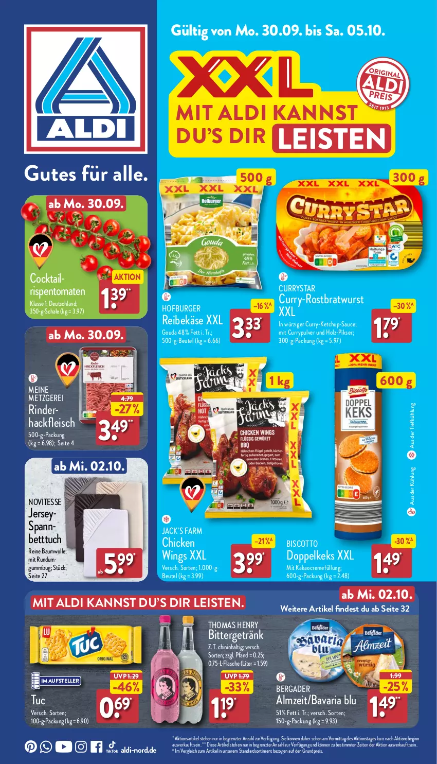 Aktueller Prospekt Aldi Nord - Von Montag - von 30.09 bis 05.10.2024 - strona 1 - produkty: aldi, aus der tiefkühlung, Bau, baumwolle, bavaria blu, bergader, bett, Betttuch, beutel, biscotto, bratwurst, burger, chicken wings, cocktail, creme, curry, eis, elle, flasche, fleisch, getränk, gin, gouda, hackfleisch, Holz, kakao, Käse, keks, ketchup, Reibekäse, reine baumwolle, reis, Ria, rind, rinder, rinderhackfleisch, rispentomaten, rostbratwurst, sauce, Schal, Schale, spannbetttuch, teller, thomas henry, Ti, tomate, tomaten, tuc, wolle, wurst, ZTE