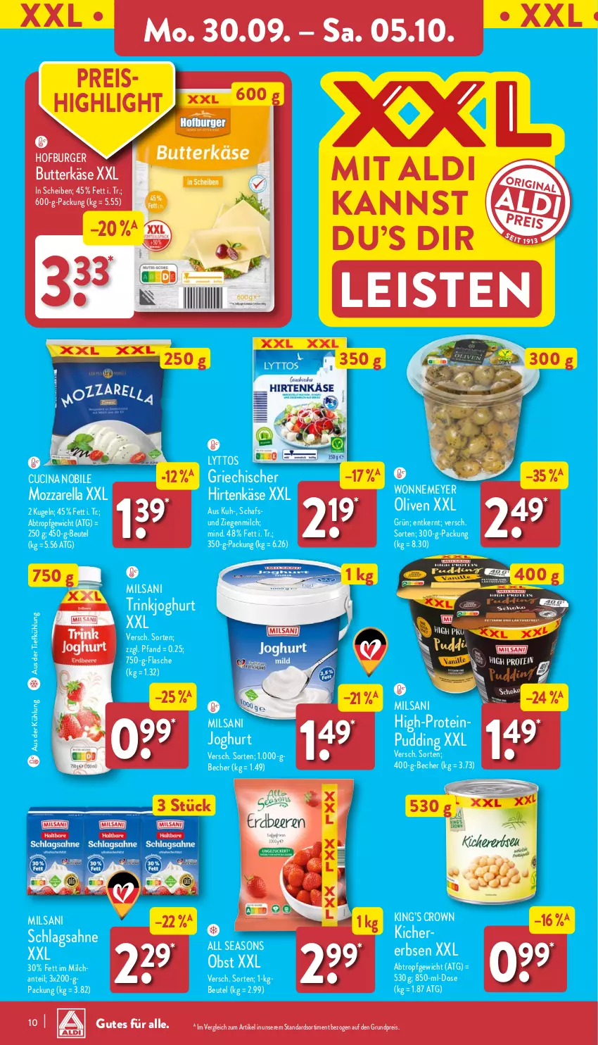 Aktueller Prospekt Aldi Nord - Von Montag - von 30.09 bis 05.10.2024 - strona 10 - produkty: aldi, aus der tiefkühlung, Becher, beutel, burger, butter, butterkäse, cin, eis, erbsen, flasche, hirtenkäse, joghur, joghurt, Käse, kichererbsen, Kugel, milch, mozzarella, obst, olive, oliven, pudding, reis, rel, sahne, schlagsahne, Ti