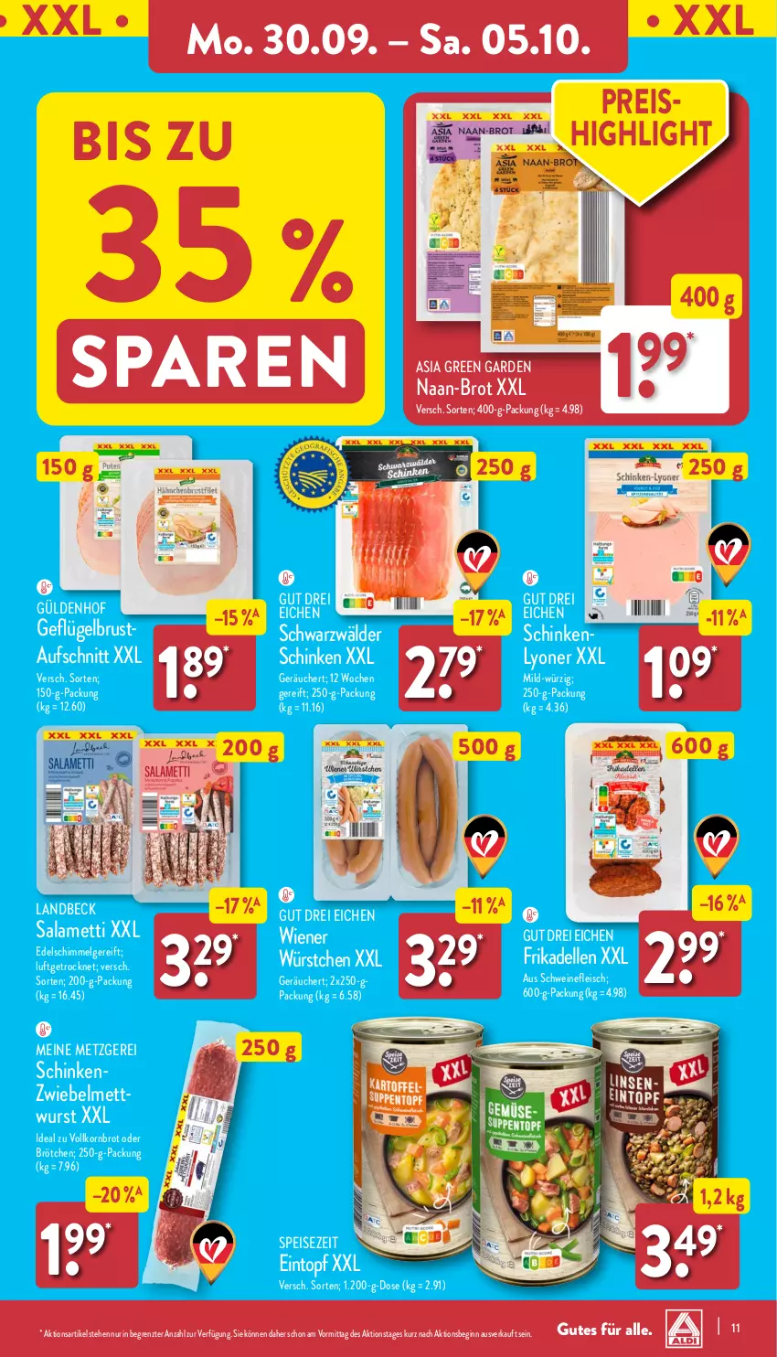 Aktueller Prospekt Aldi Nord - Von Montag - von 30.09 bis 05.10.2024 - strona 11 - produkty: Asia Green Garden, aufschnitt, brot, brötchen, dell, eintopf, eis, elle, fleisch, frikadellen, Geflügel, gin, korn, Kornbrot, LG, lyoner, Mett, mettwurst, reis, schinken, schwarzwälder schinken, schwein, schweine, schweinefleisch, Ti, topf, vollkornbrot, wein, weine, wiener, wiener würstchen, wurst, würstchen, Yo, ZTE, zwiebel, zwiebelmettwurst