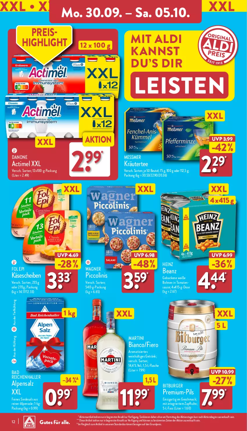 Aktueller Prospekt Aldi Nord - Von Montag - von 30.09 bis 05.10.2024 - strona 12 - produkty: actimel, aldi, aus der tiefkühlung, Bad, beanz, beutel, bitburger, bohne, bohnen, burger, danone, eis, flasche, fol epi, geback, getränk, gin, heinz, Käse, käsescheiben, kräuter, mac, martini, piccolinis, pils, reis, salz, sauce, tee, Ti, tomate, tomaten, tomatensauce, wagner, wein, Weiße Bohnen, ZTE