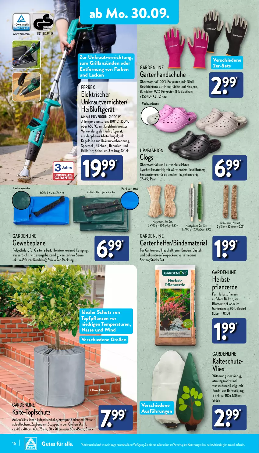 Aktueller Prospekt Aldi Nord - Von Montag - von 30.09 bis 05.10.2024 - strona 16 - produkty: beutel, binden, blume, blumen, bügel, Clogs, dell, Draht, erde, Farben und Lacke, ferrex, Garten, Gewebeplane, gin, grill, handschuhe, Hobby, kokos, Kraut, lack, Lacke, Mode, natur, pflanze, pflanzen, pflanzerde, Ria, rwe, schuhe, spachtel, Ti, topf, topper, unkrautvernichter, up2fashion, wasser, ZTE