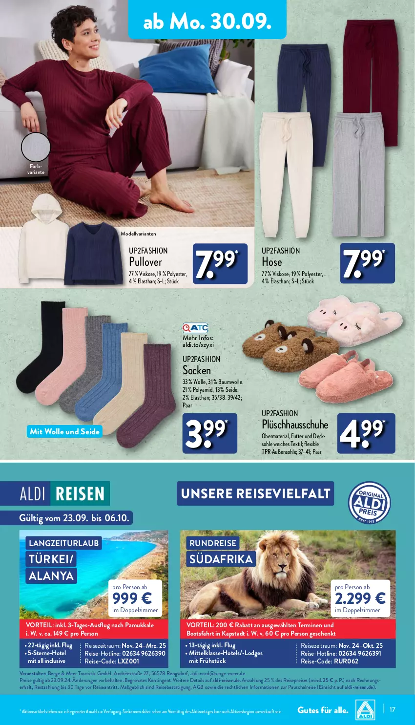 Aktueller Prospekt Aldi Nord - Von Montag - von 30.09 bis 05.10.2024 - strona 17 - produkty: aldi, Bau, baumwolle, decksohle, dell, eis, gin, Hausschuhe, hose, Mode, Plüsch, Pullover, reis, Ria, Schal, schuhe, socken, Ti, up2fashion, wolle, ZTE