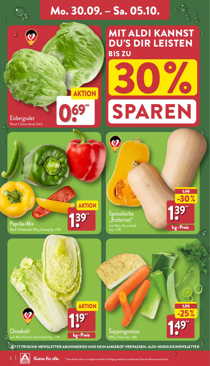 Aktueller Prospekt Aldi Nord - Von Montag - von 30.09 bis 05.10.2024 - strona 2 - produkty: aldi, angebot, butter, eis, eisbergsalat, Kürbis, paprika, reis, salat, Schal, Schale, suppe, suppen, Ti, ZTE