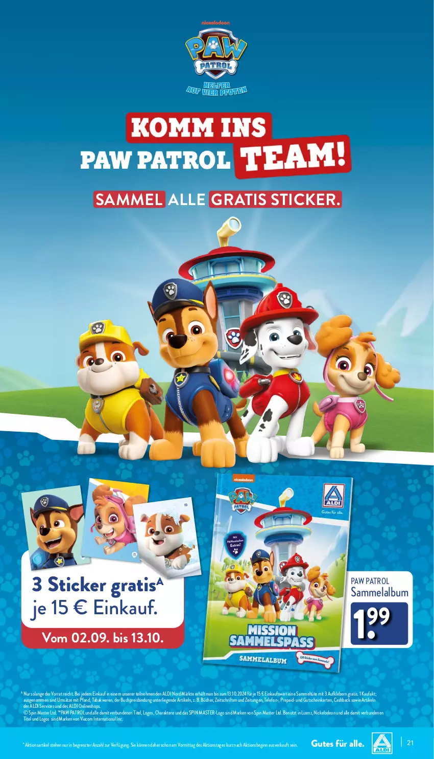 Aktueller Prospekt Aldi Nord - Von Montag - von 30.09 bis 05.10.2024 - strona 21 - produkty: aldi, Aufkleber, buch, deo, eis, gin, gutschein, HP, kleber, Liege, Paw Patrol, reis, telefon, Ti, Tüte, ZTE