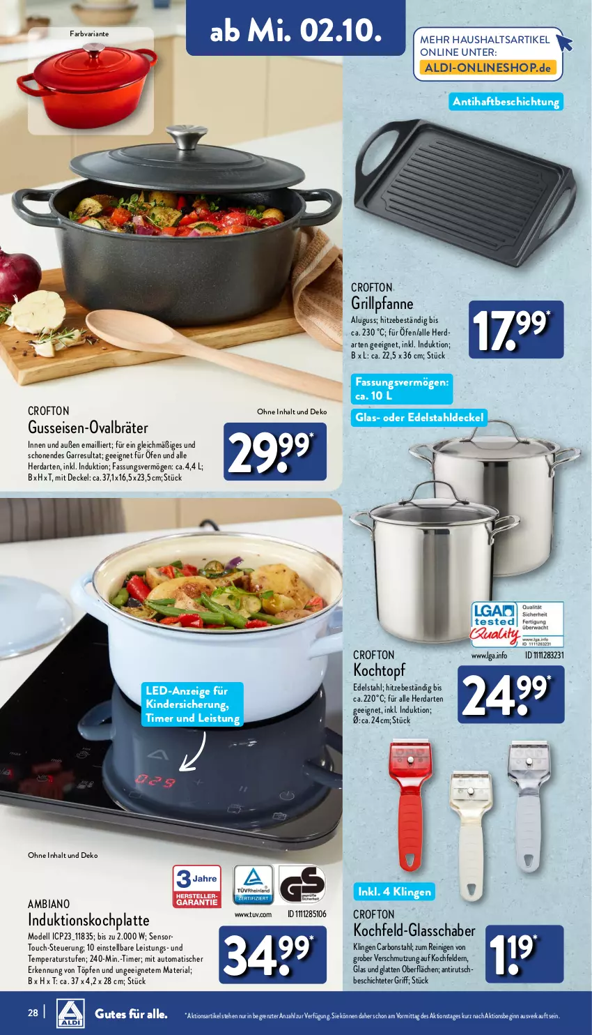 Aktueller Prospekt Aldi Nord - Von Montag - von 30.09 bis 05.10.2024 - strona 28 - produkty: aldi, ambia, auto, Crofton, decke, Deckel, dell, edelstahl, eis, gin, grill, Grillpfanne, herdarten, HP, Kinder, kochfeld, Kochtopf, latte, LG, Mode, pfanne, Ria, Ti, timer, tisch, topf, ZTE