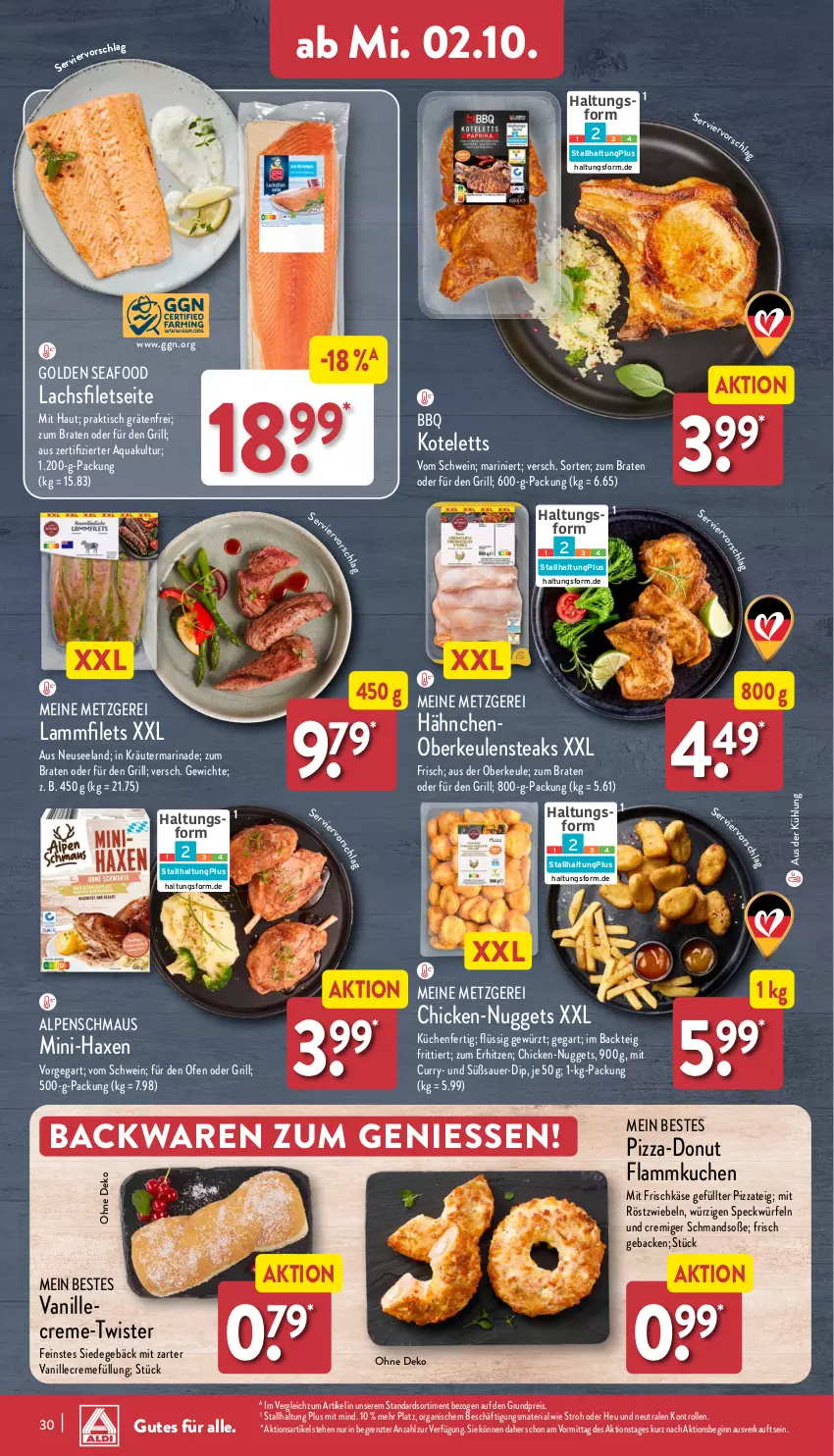 Aktueller Prospekt Aldi Nord - Von Montag - von 30.09 bis 05.10.2024 - strona 30 - produkty: aqua, auer, axe, backwaren, braten, creme, curry, dip, Donut, eis, Elan, filet, filets, flammkuchen, frischkäse, geback, gewürz, gin, grill, Haxe, Heu, Käse, kotelett, kräuter, küche, Küchen, kuchen, lachs, lachsfilet, lachsfilets, lamm, Lammfilets, marinade, Maus, mit röstzwiebeln, nuggets, Ofen, pizza, Pizzateig, reis, Ria, röstzwiebeln, schmand, schwein, Soße, Speck, steak, steaks, Ti, tisch, vanille, wein, würfel, ZTE, zwiebel, zwiebeln