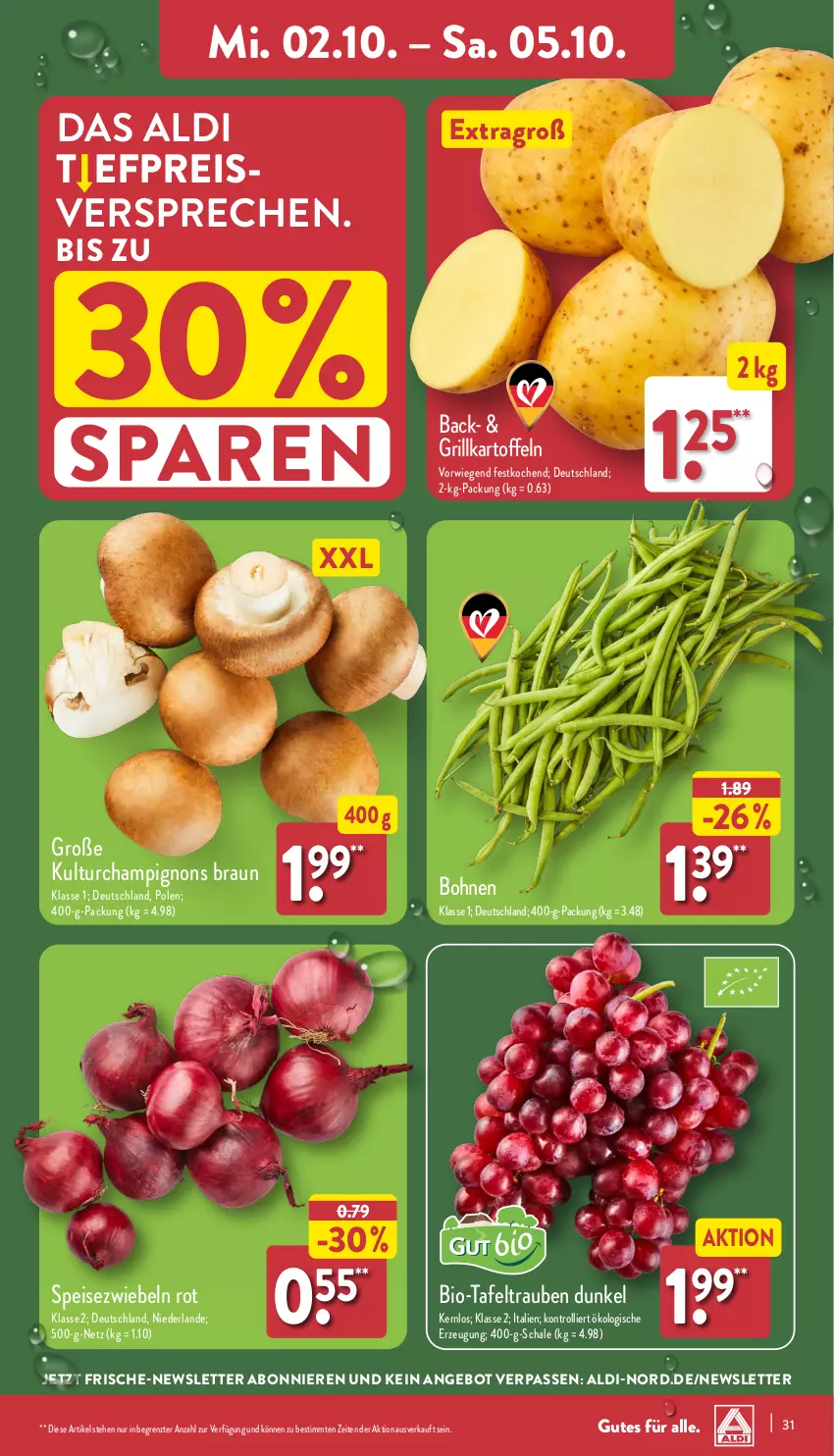 Aktueller Prospekt Aldi Nord - Von Montag - von 30.09 bis 05.10.2024 - strona 31 - produkty: aldi, angebot, bio, bohne, bohnen, braun, champignon, champignons, champignons braun, eis, grill, kartoffel, kartoffeln, reis, Schal, Schale, Speisezwiebeln, tafeltrauben, Ti, trauben, trolli, ZTE, zwiebel, zwiebeln