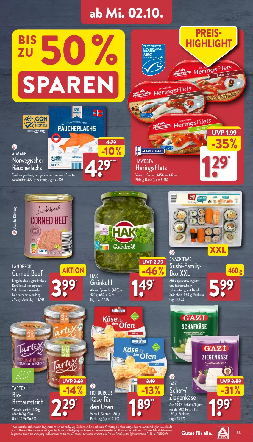 Aktueller Prospekt Aldi Nord - Von Montag - von 30.09 bis 05.10.2024 - strona 33 - produkty: almare, aqua, aufstrich, bambus, beef, bio, brot, brotaufstrich, burger, corned beef, eis, elle, erde, filet, filets, fleisch, gin, hawesta, hering, Herings, heringsfilets, ingwer, Käse, lachs, meerrettich, milch, Ofen, Räucherlachs, reis, Rettich, rind, rindfleisch, Rindfleisch im eigenen saft, ring, rwe, saft, salz, sauce, snack, snack time, soja, sojasauce, Sushi, teller, Ti, ziegenkäse, ZTE