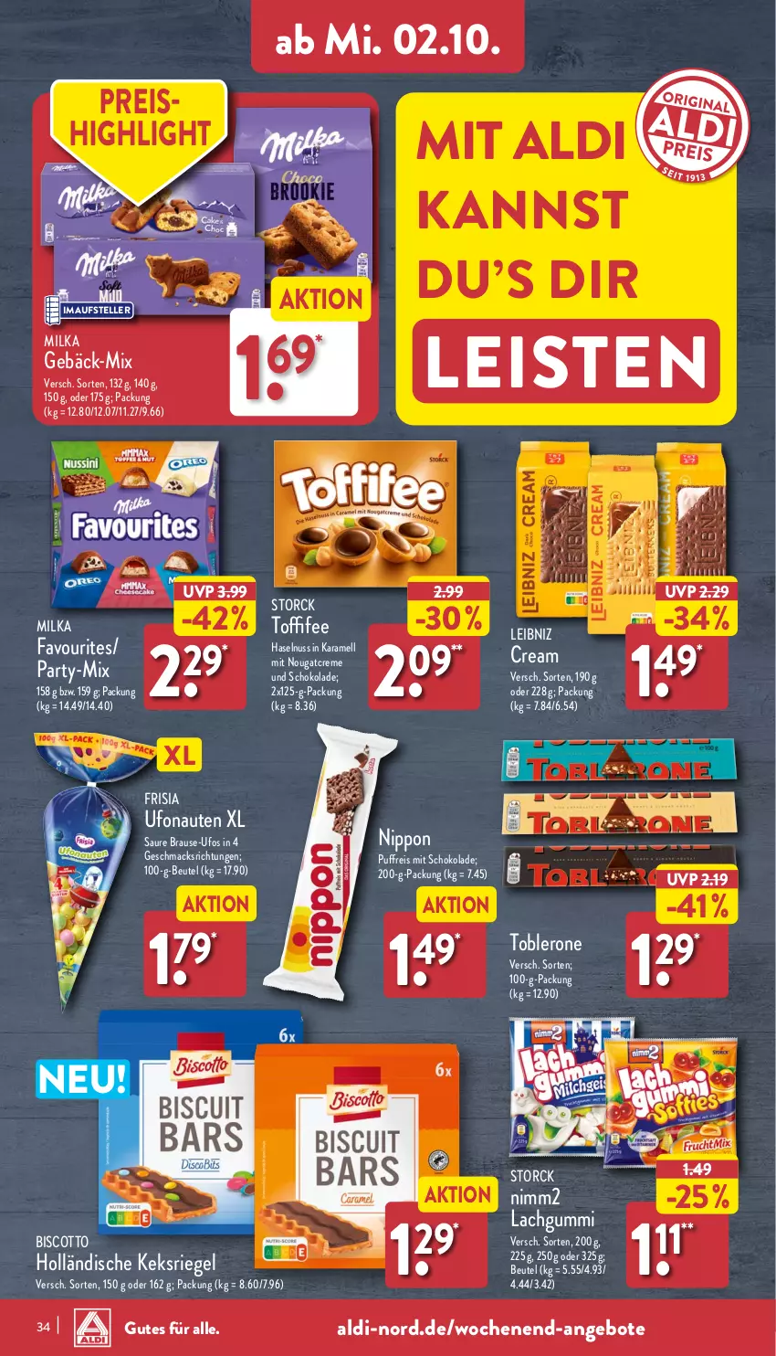 Aktueller Prospekt Aldi Nord - Von Montag - von 30.09 bis 05.10.2024 - strona 34 - produkty: aldi, angebot, angebote, beutel, biscotto, brause, creme, eis, elle, haselnuss, karamell, keks, lachgummi, leibniz, mac, milka, nimm2, nippon, Nougatcreme, nuss, reis, riegel, schoko, schokolade, storck, teller, Ti, toblerone, toffifee