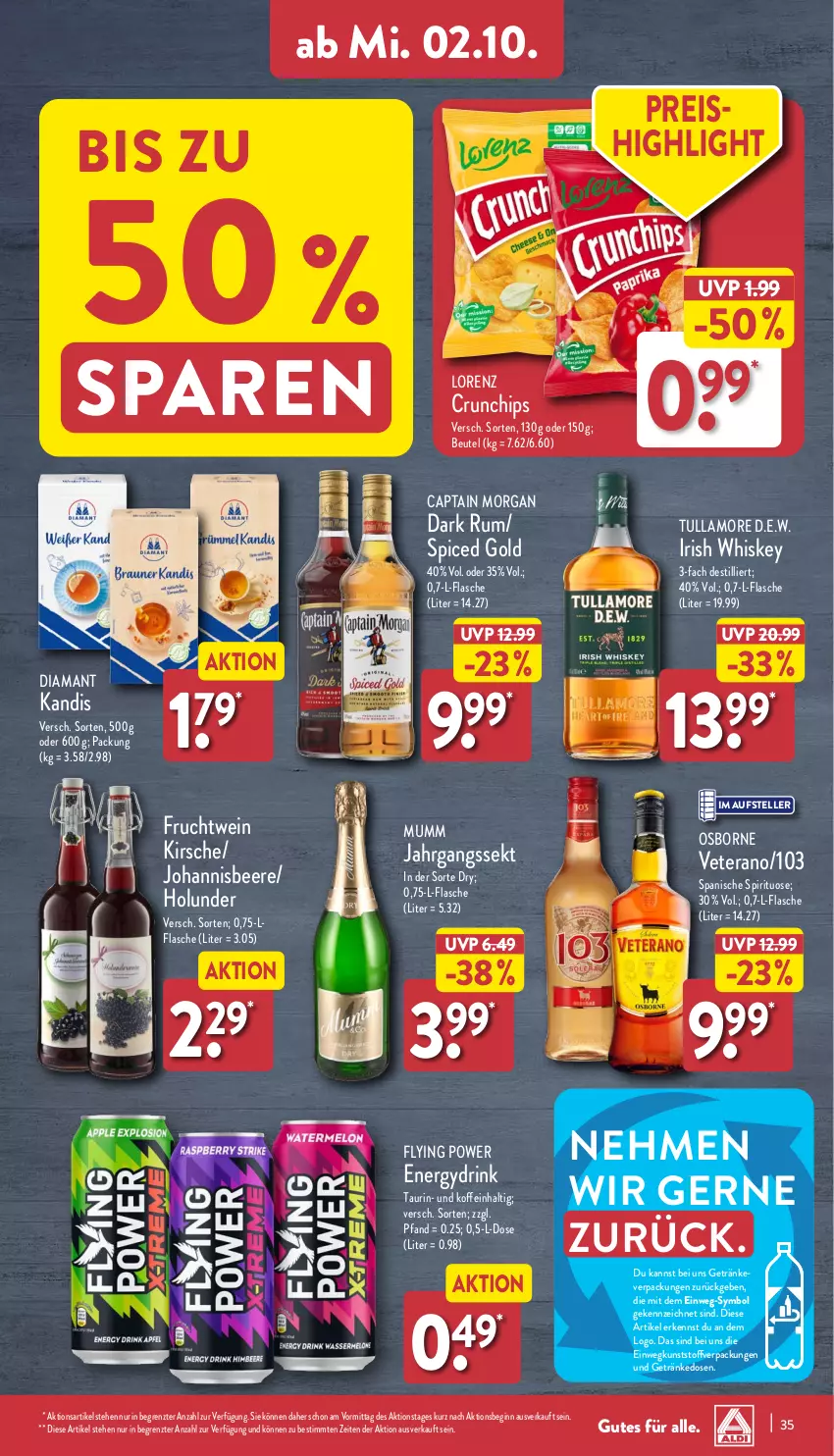 Aktueller Prospekt Aldi Nord - Von Montag - von 30.09 bis 05.10.2024 - strona 35 - produkty: beere, beutel, Cap, captain morgan, chips, crunchips, drink, eis, elle, flasche, frucht, getränk, getränke, gin, holunder, irish whiskey, jahrgangssekt, johannisbeere, kirsch, kirsche, lorenz, lorenz crunchips, mumm, osborne, reis, rum, sekt, teller, Ti, tullamore, veterano, wein, whiskey, ZTE