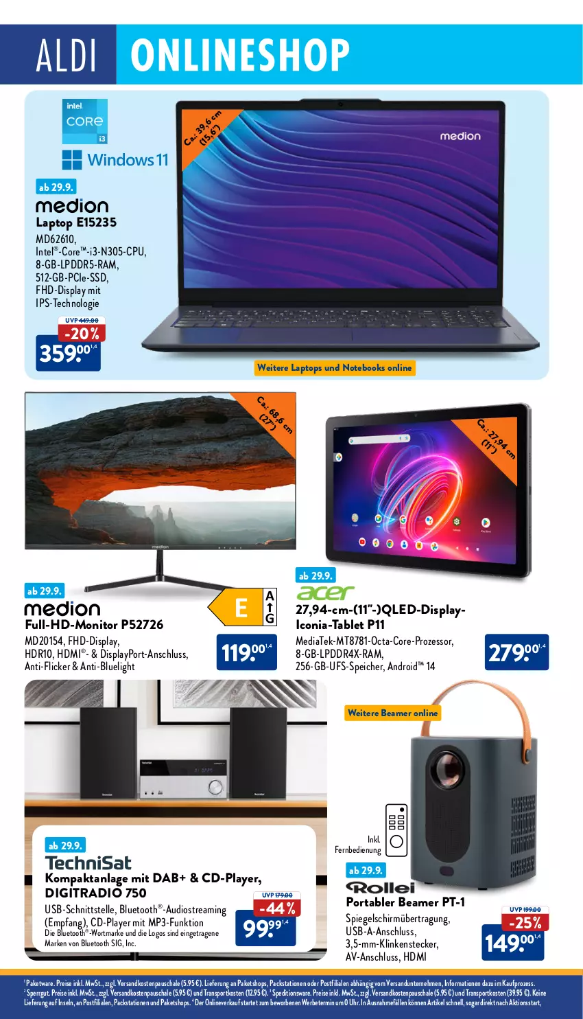 Aktueller Prospekt Aldi Nord - Von Montag - von 30.09 bis 05.10.2024 - strona 36 - produkty: acer, eis, elle, fernbedienung, HDMI, Intel, Kompaktanlage, Laptop, monitor, Mp3, ndk, notebook, notebooks, qled, Radio, reis, Schal, Schale, spiegel, Sport, ssd, tablet, Ti, uhr, usb