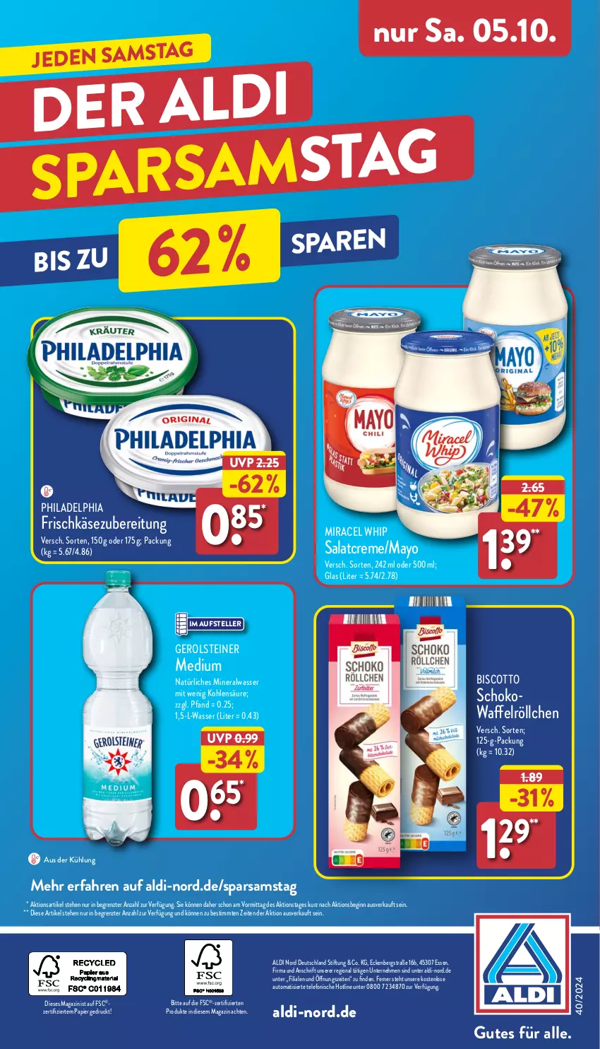 Aktueller Prospekt Aldi Nord - Von Montag - von 30.09 bis 05.10.2024 - strona 42 - produkty: aldi, Alwa, auto, biscotto, creme, elle, frischkäse, frischkäsezubereitung, gerolsteine, gerolsteiner, gin, Käse, magazin, mineralwasser, miracel, miracel whip, natürliches mineralwasser, papier, philadelphia, salat, salatcreme, schoko, steiner, telefon, teller, Ti, Waffelröllchen, wasser, Yo, ZTE