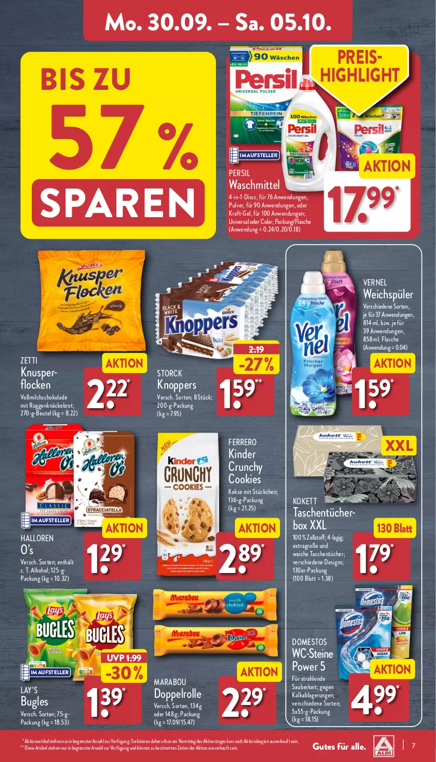 Aktueller Prospekt Aldi Nord - Von Montag - von 30.09 bis 05.10.2024 - strona 7 - produkty: alkohol, beutel, brot, bugles, cookie, cookies, domestos, eis, elle, ferrero, flasche, gin, keks, kekse, Kinder, knäckebrot, knoppers, Knusperflocken, kraft, Marabou, milch, persil, reis, schoko, schokolade, storck, Tasche, taschen, taschentücher, Taschentücherbox, teller, Ti, tücher, vernel, vollmilch, waschmittel, WC-Steine, weichspüler, ZTE